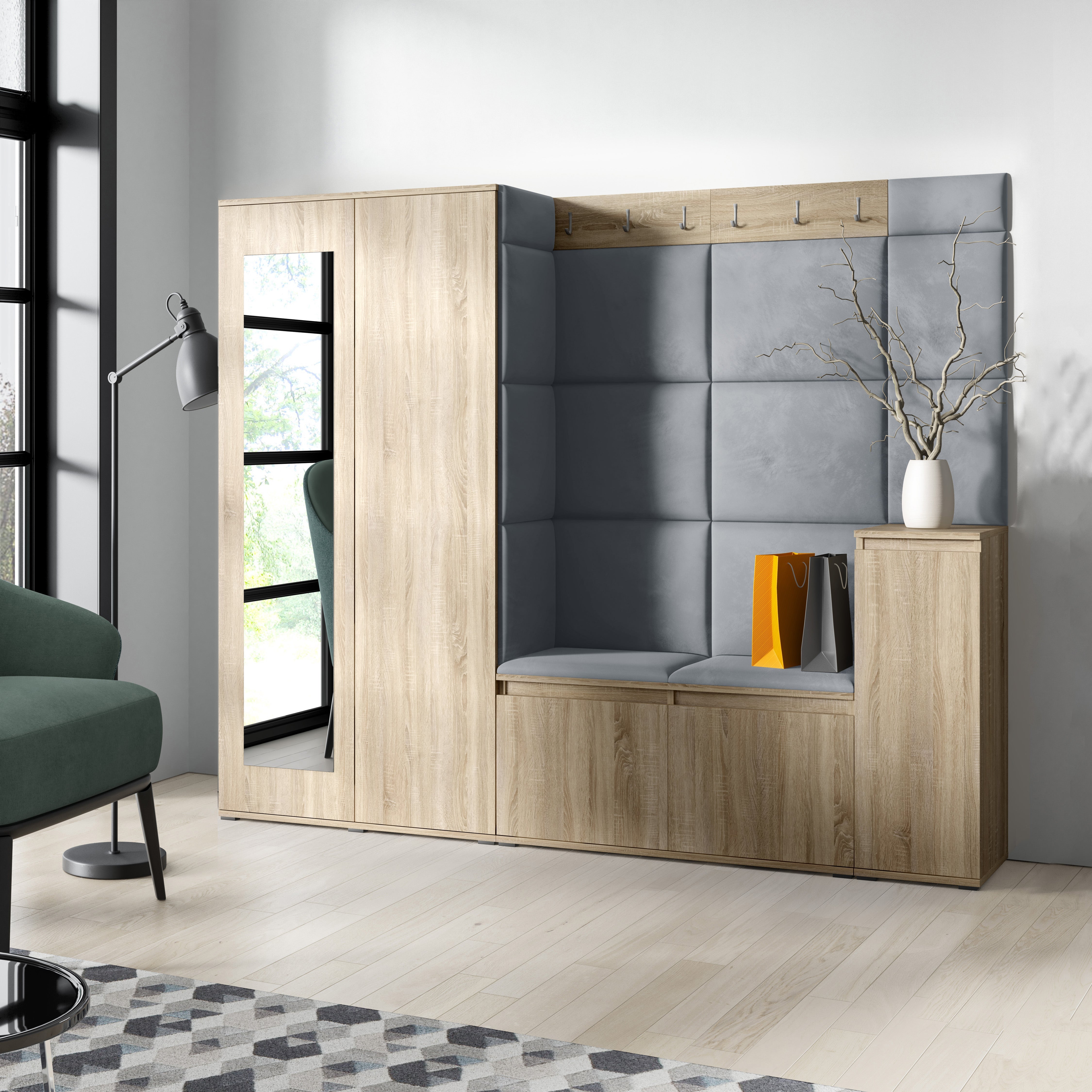 PK Emi 27 Hallway Wardrobe Sonoma Oak - Upholstered Panels in Various Colours