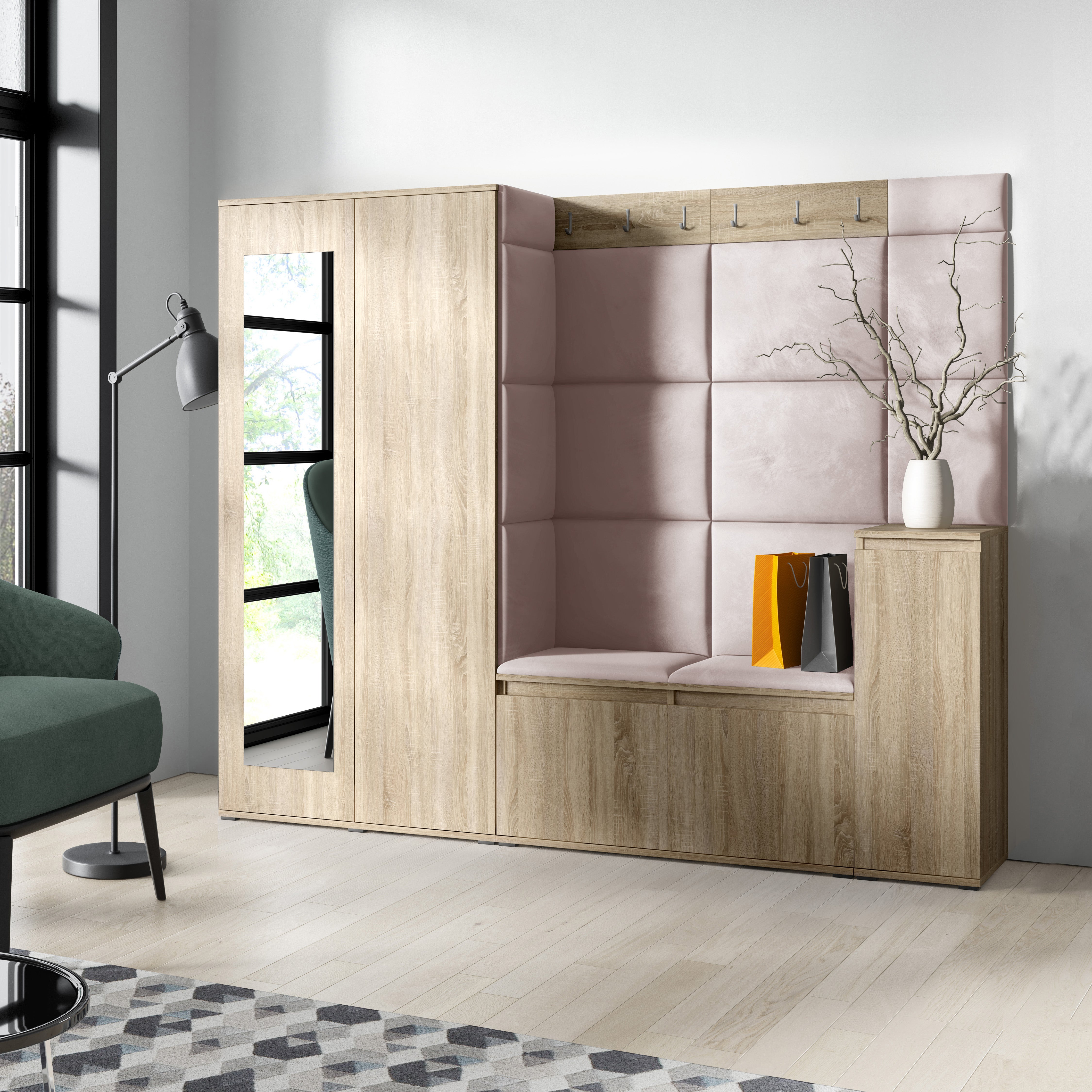 PK Emi 27 Hallway Wardrobe Sonoma Oak - Upholstered Panels in Various Colours