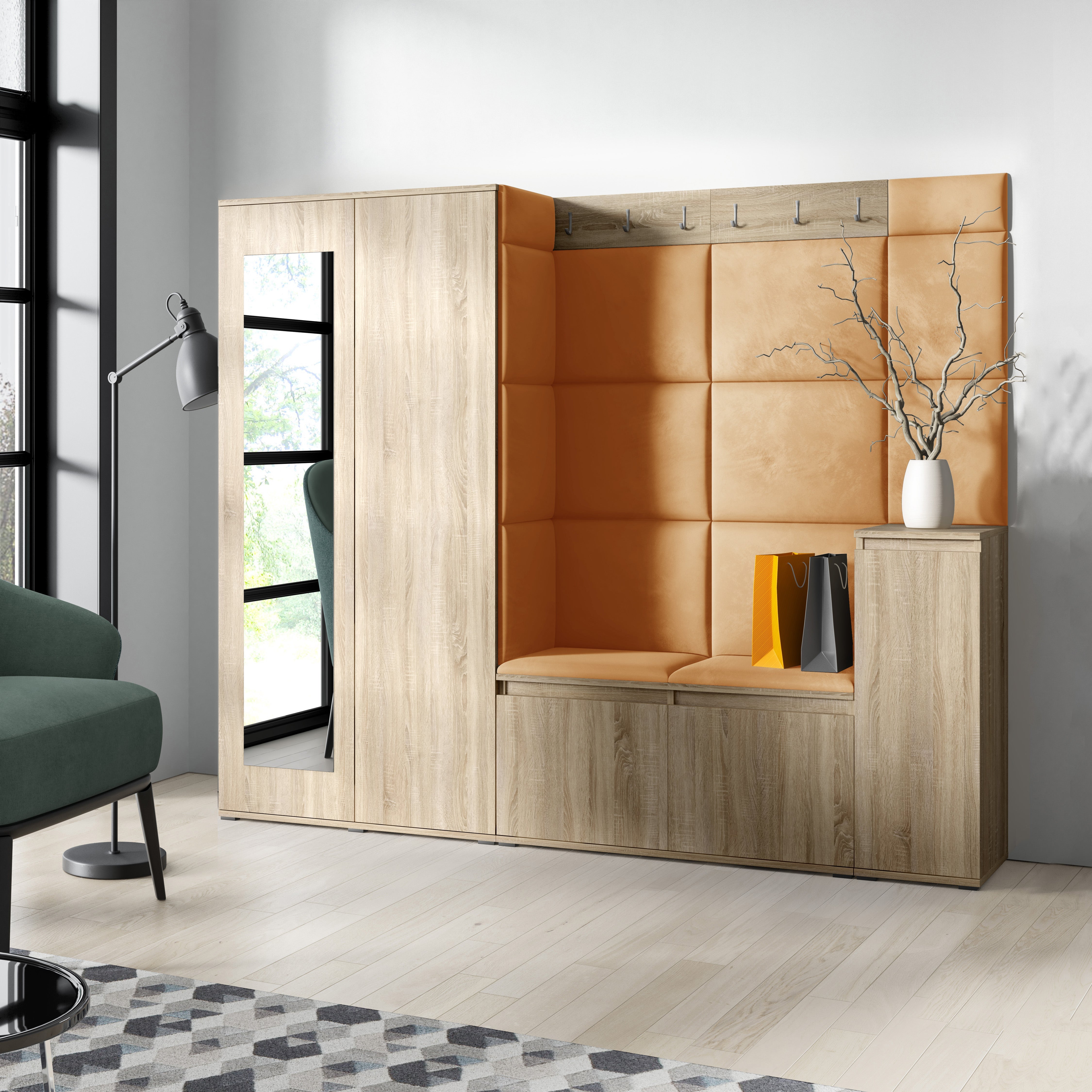 PK Emi 27 Hallway Wardrobe Sonoma Oak - Upholstered Panels in Various Colours