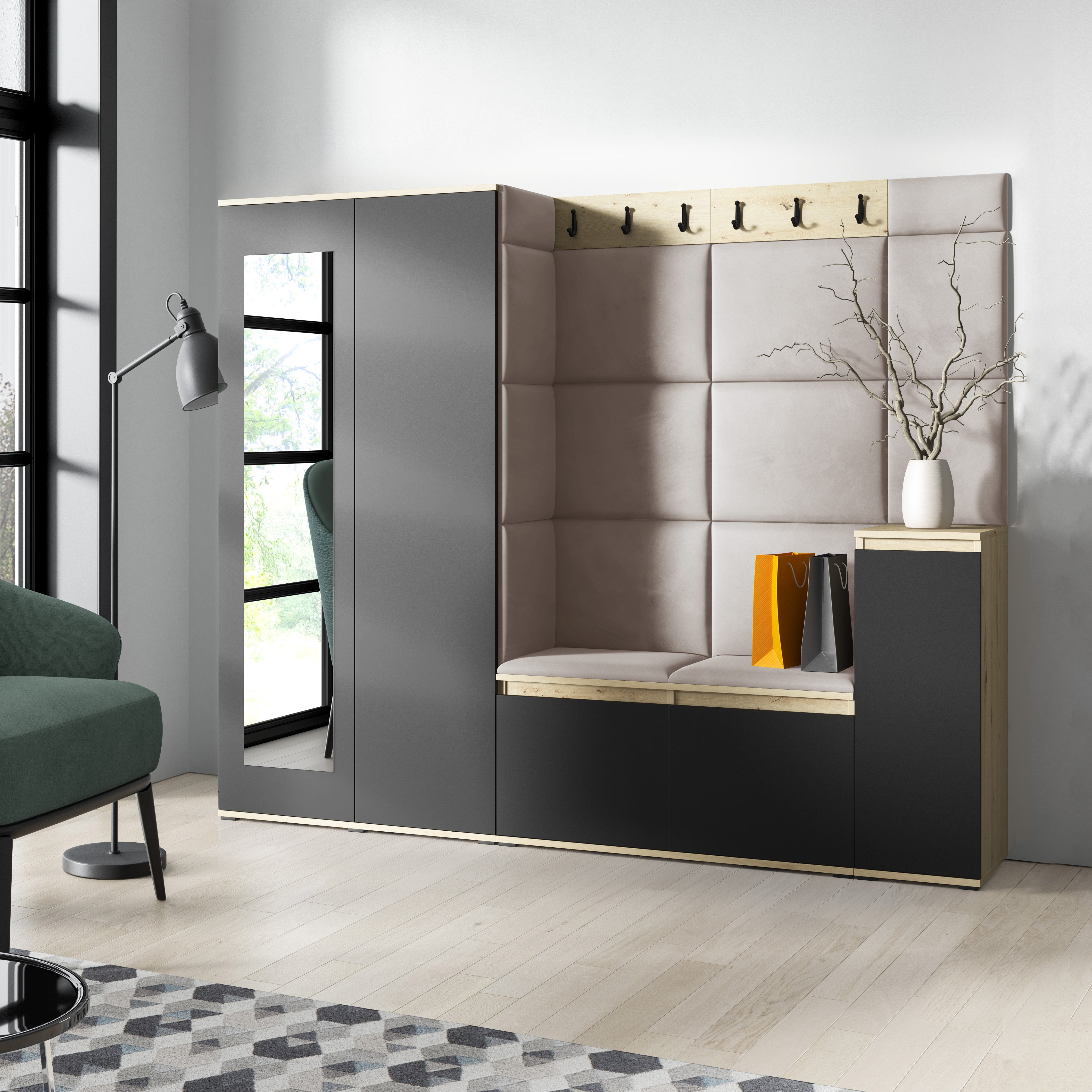 PK Emi 27 Hallway Wardrobe Aristan Oak/Black - Upholstered Panels in Various Colours