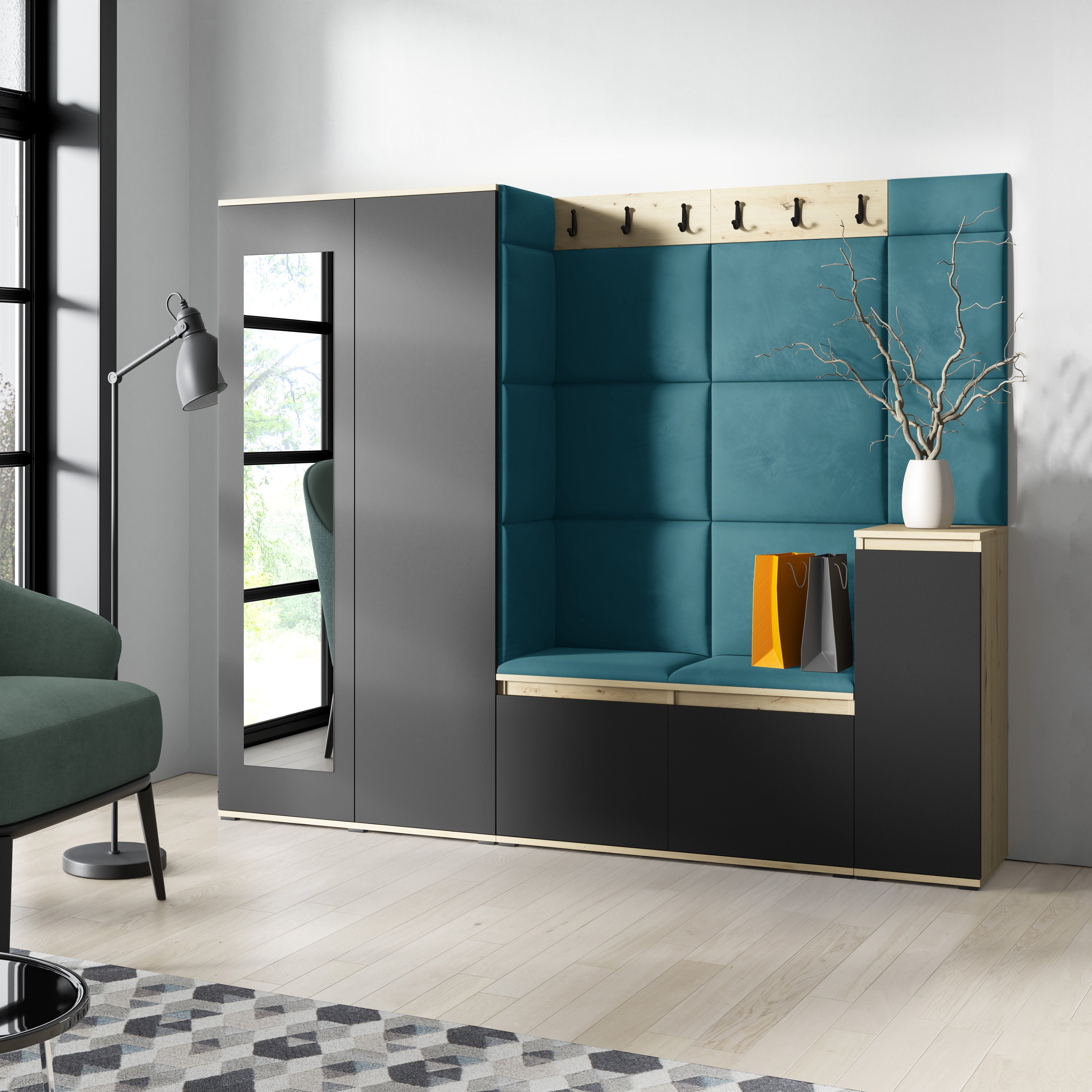 PK Emi 27 Hallway Wardrobe Aristan Oak/Black - Upholstered Panels in Various Colours