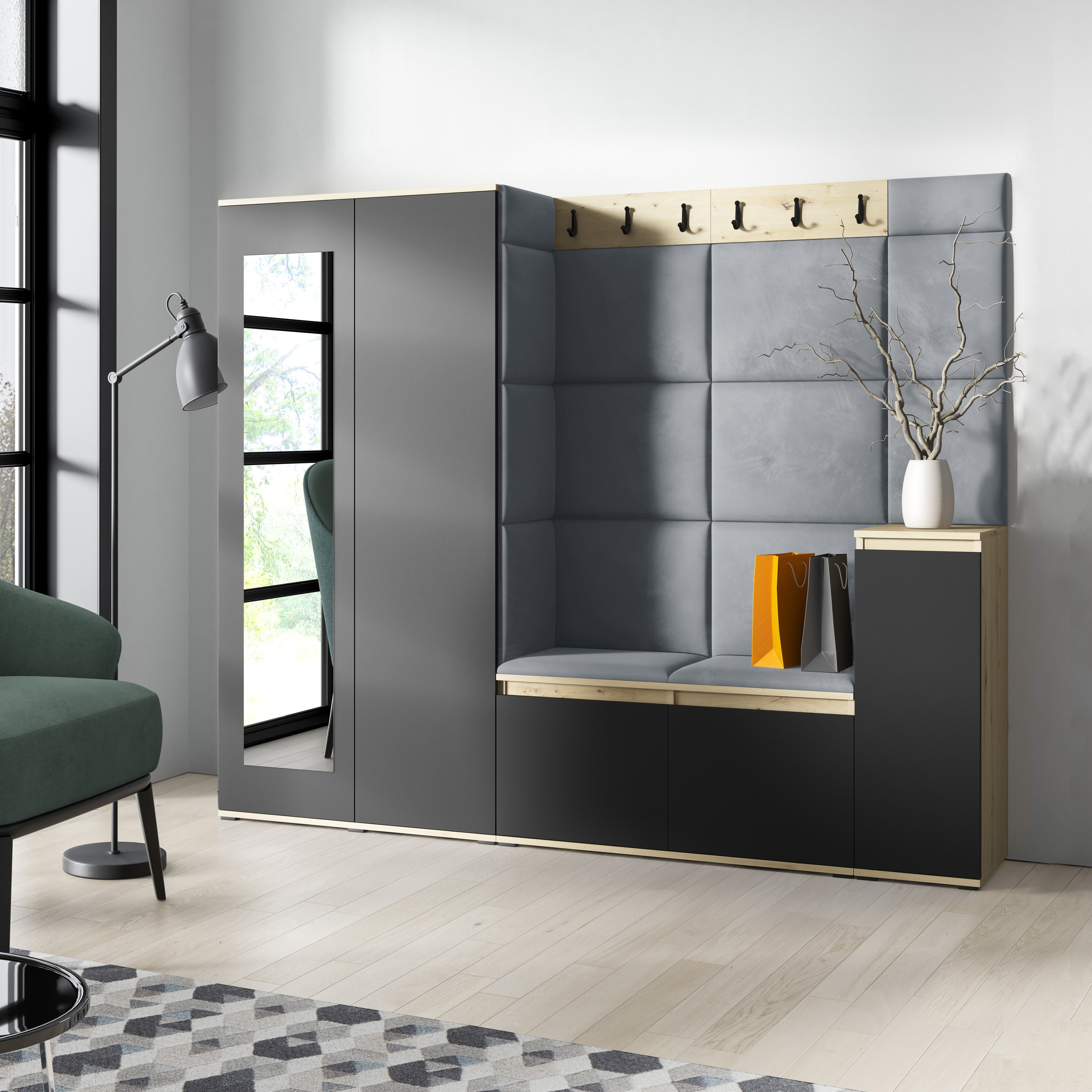 PK Emi 27 Hallway Wardrobe Aristan Oak/Black - Upholstered Panels in Various Colours