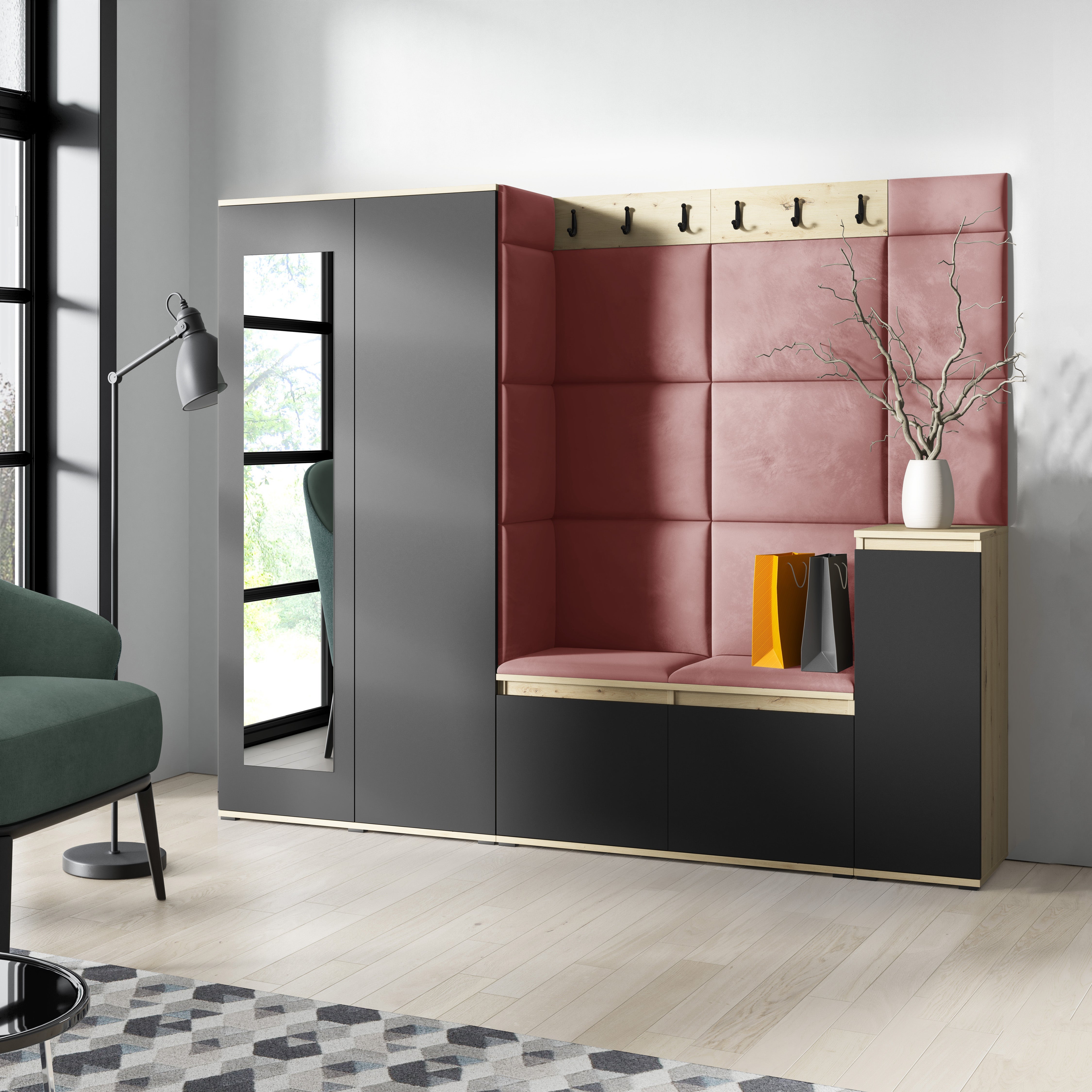 PK Emi 27 Hallway Wardrobe Aristan Oak/Black - Upholstered Panels in Various Colours