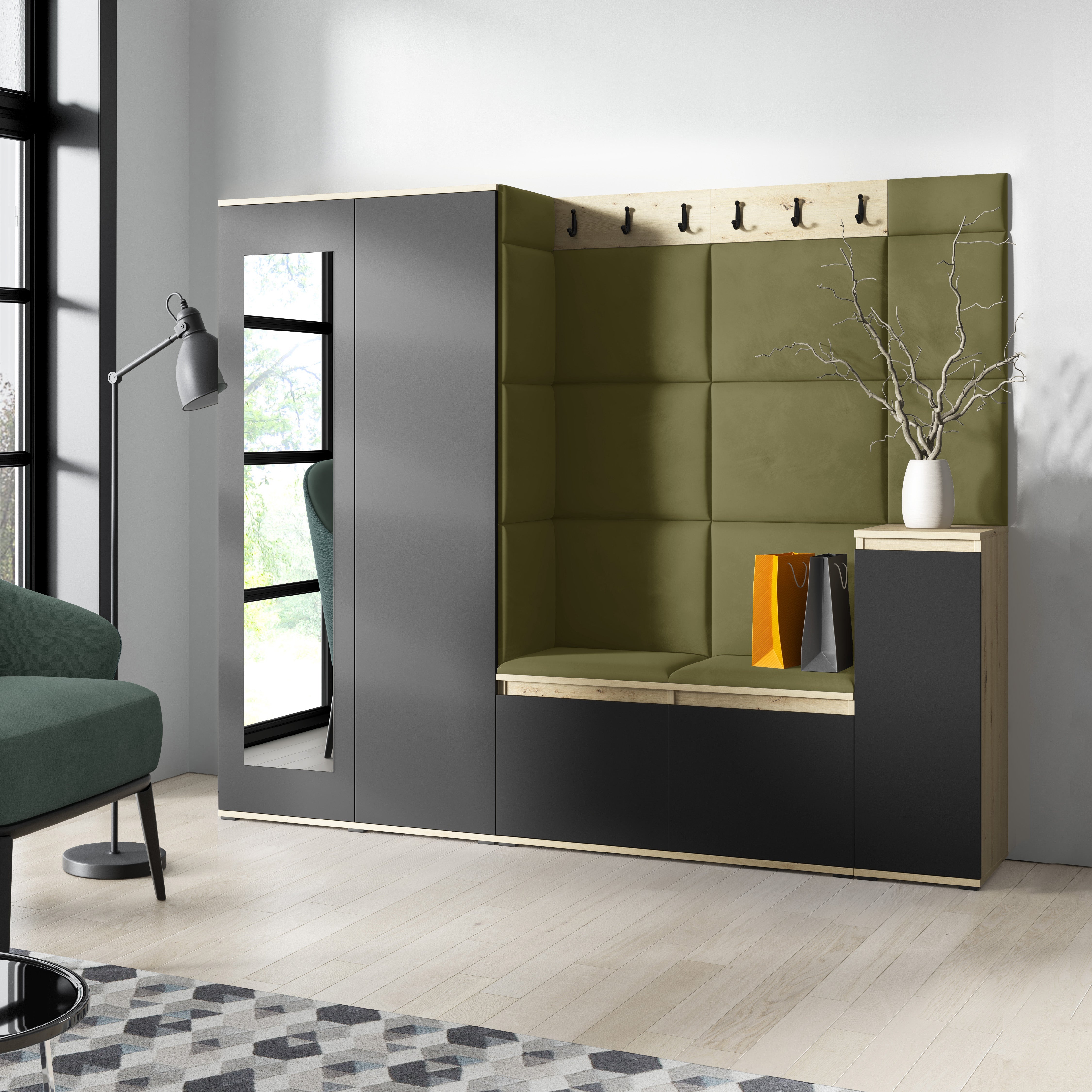PK Emi 27 Hallway Wardrobe Aristan Oak/Black - Upholstered Panels in Various Colours