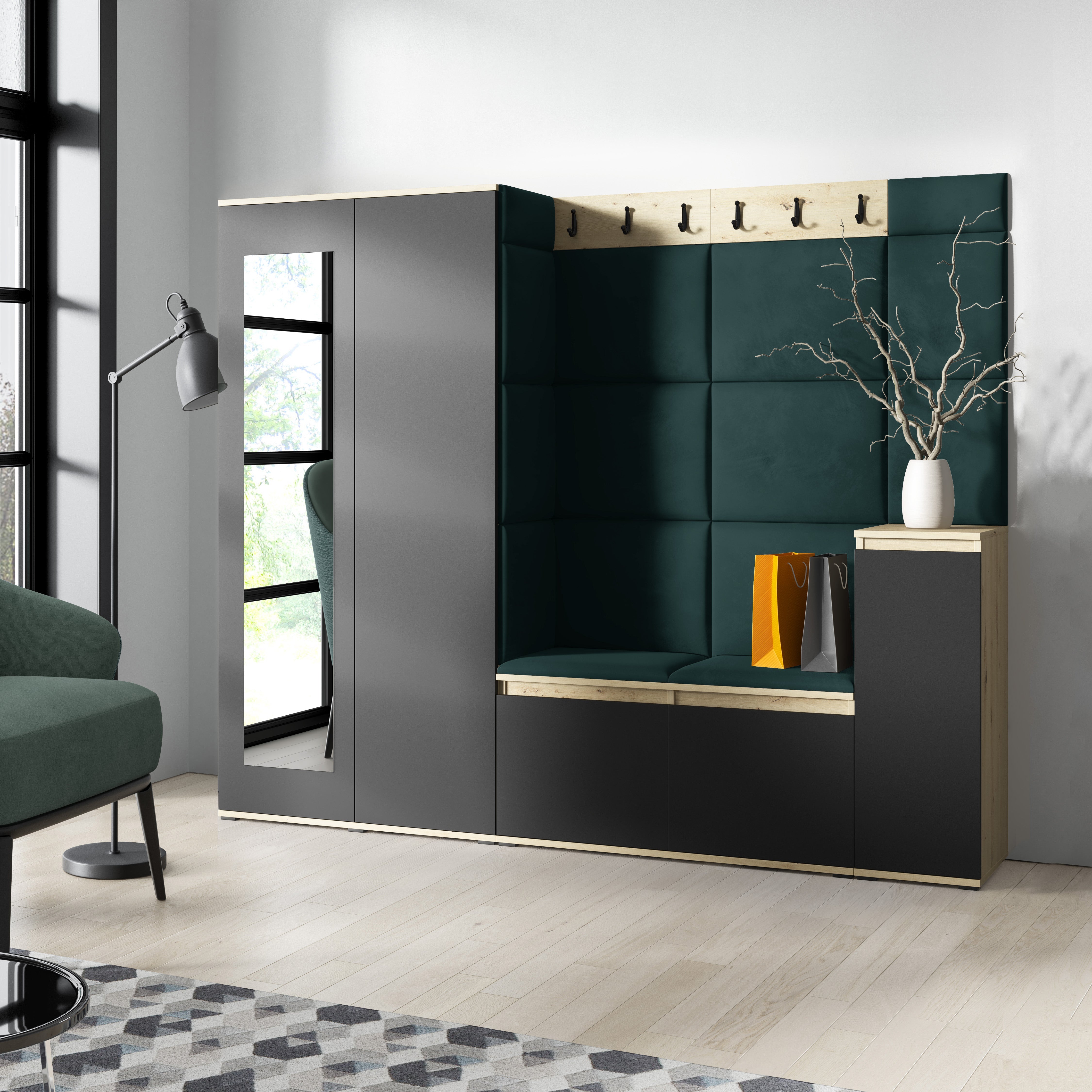 PK Emi 27 Hallway Wardrobe Aristan Oak/Black - Upholstered Panels in Various Colours