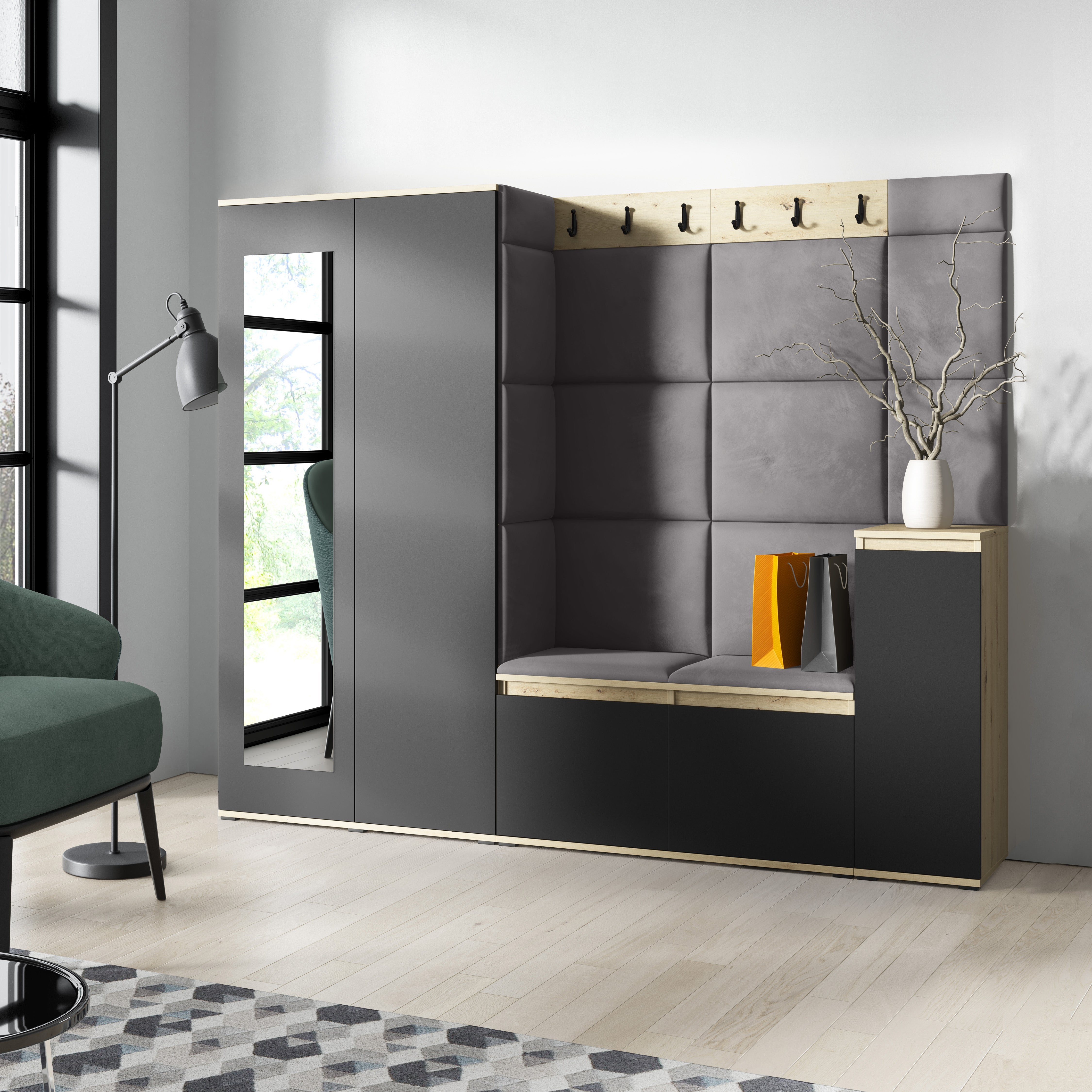 PK Emi 27 Hallway Wardrobe Aristan Oak/Black - Upholstered Panels in Various Colours