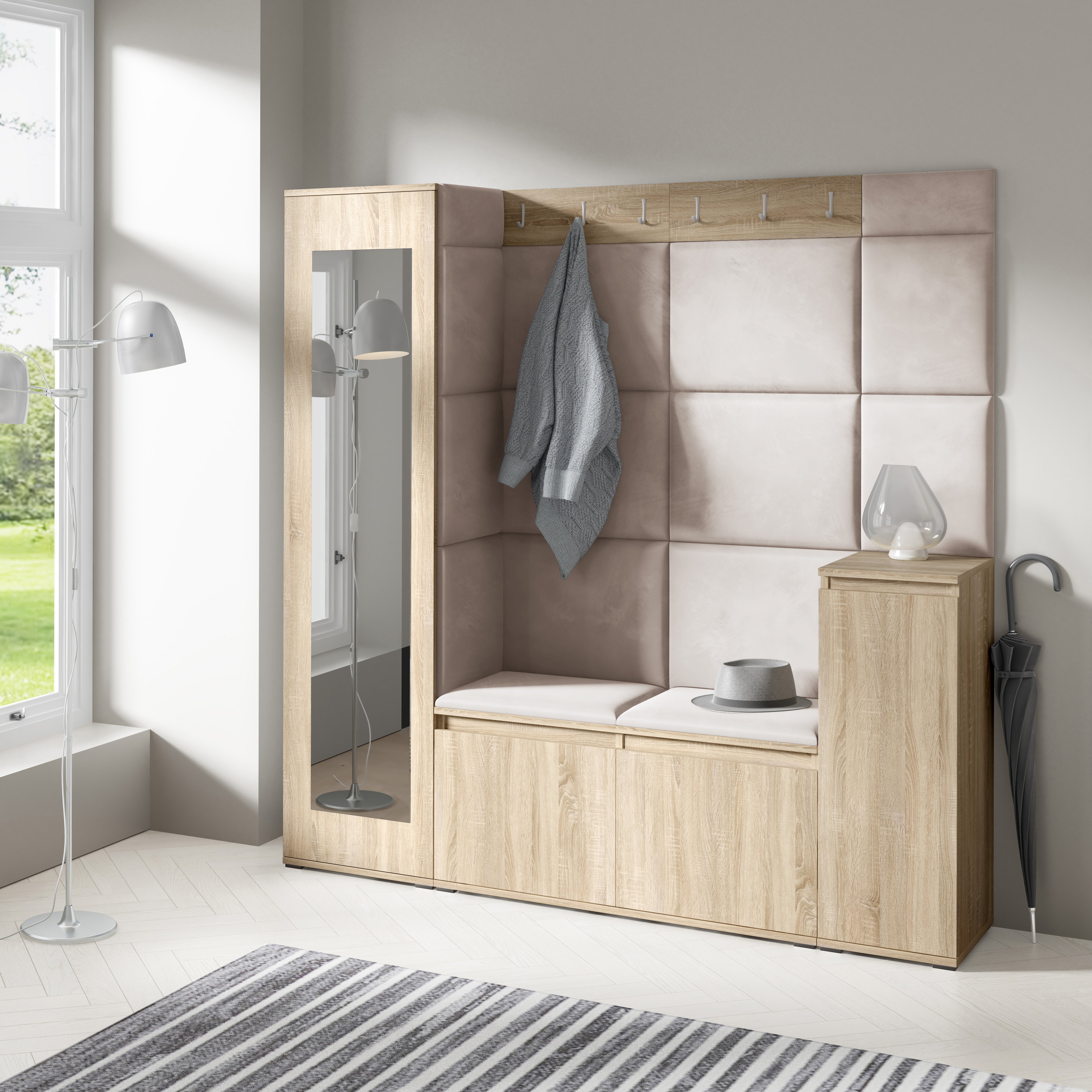 PK Emi 28 Hallway Wardrobe Sonoma Oak - Upholstered Panels in Various Colours