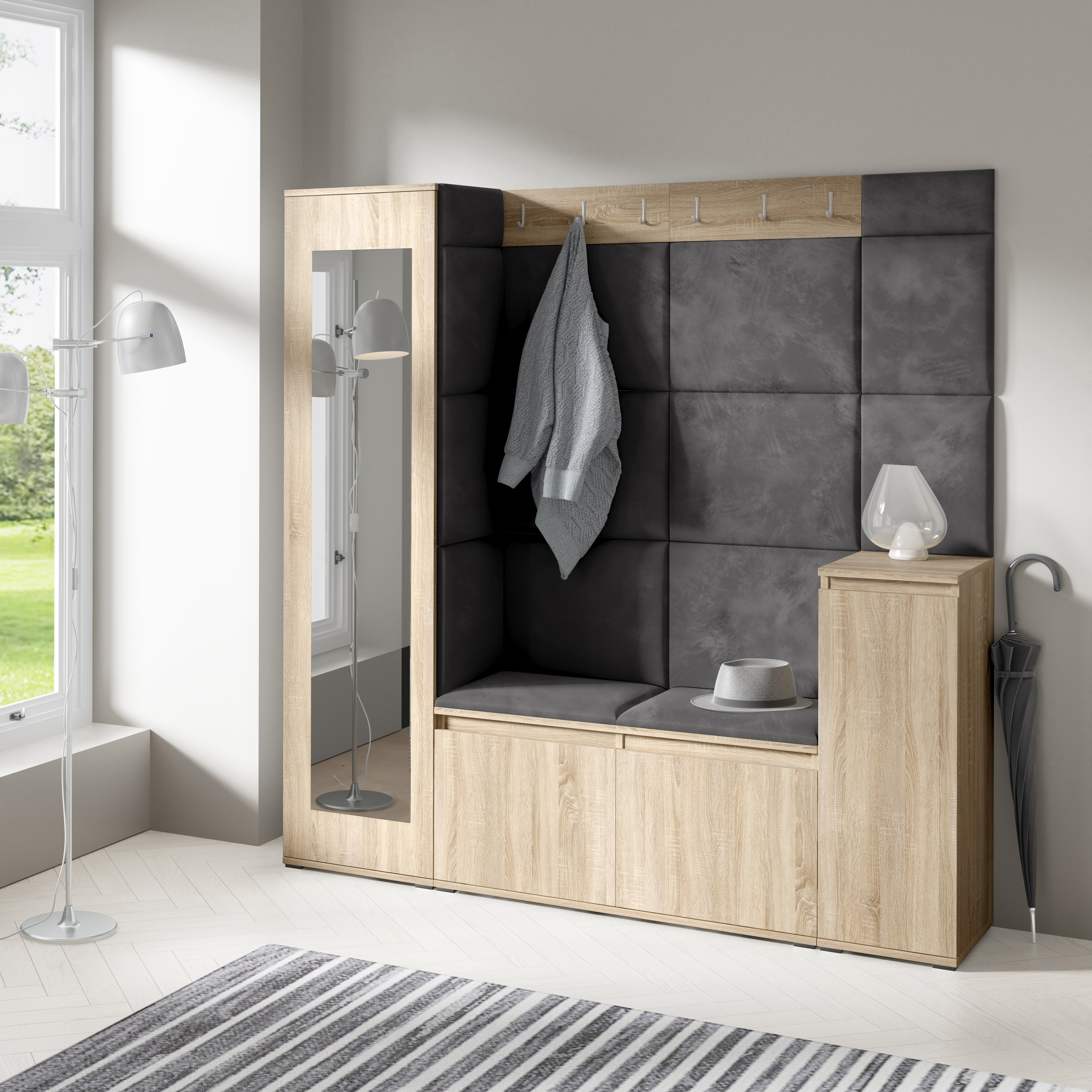 PK Emi 28 Hallway Wardrobe Sonoma Oak - Upholstered Panels in Various Colours