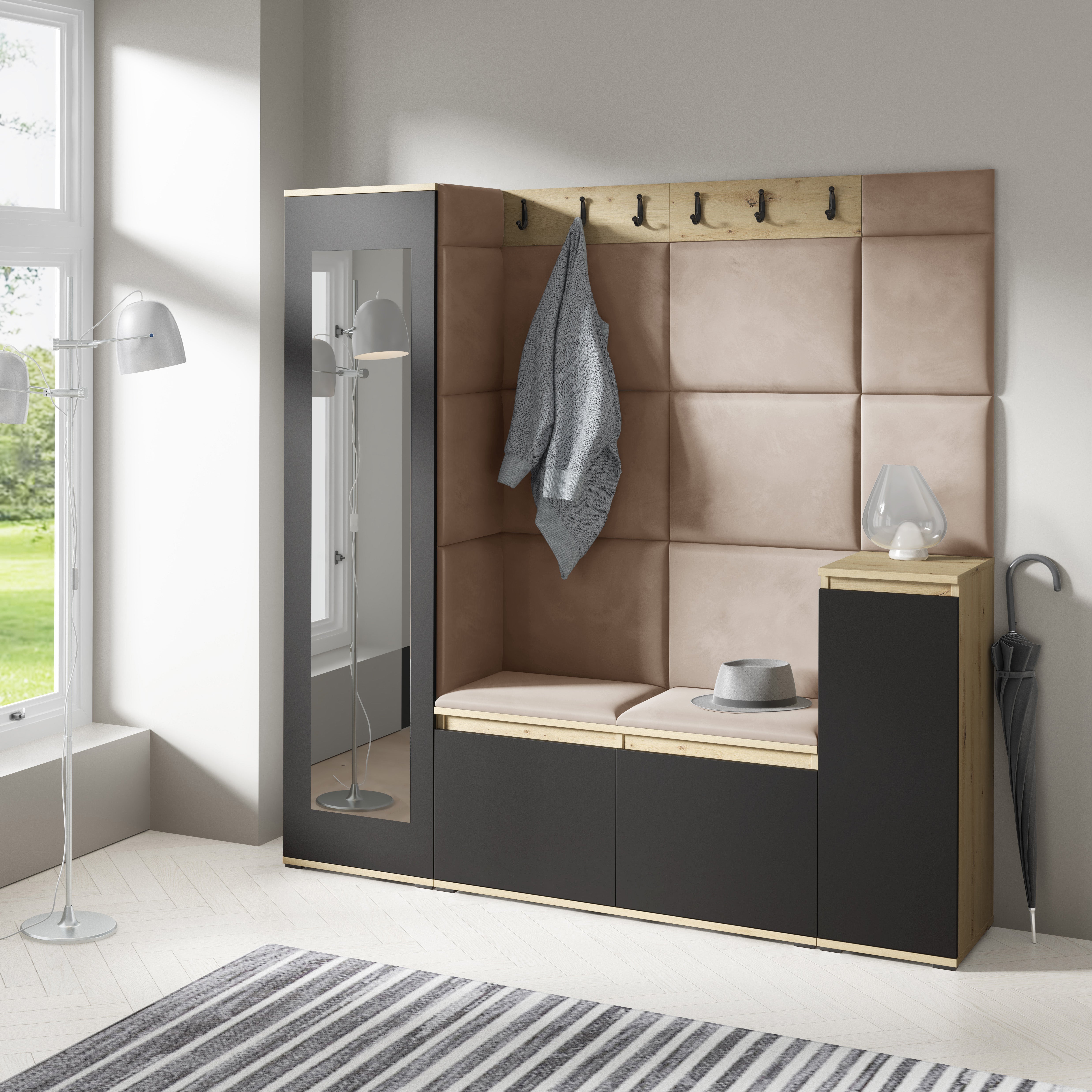 PK Emi 28 Flurschrank Aristan Eiche/Schwarz - Gepolsterte Paneele in verschiedenen Farben