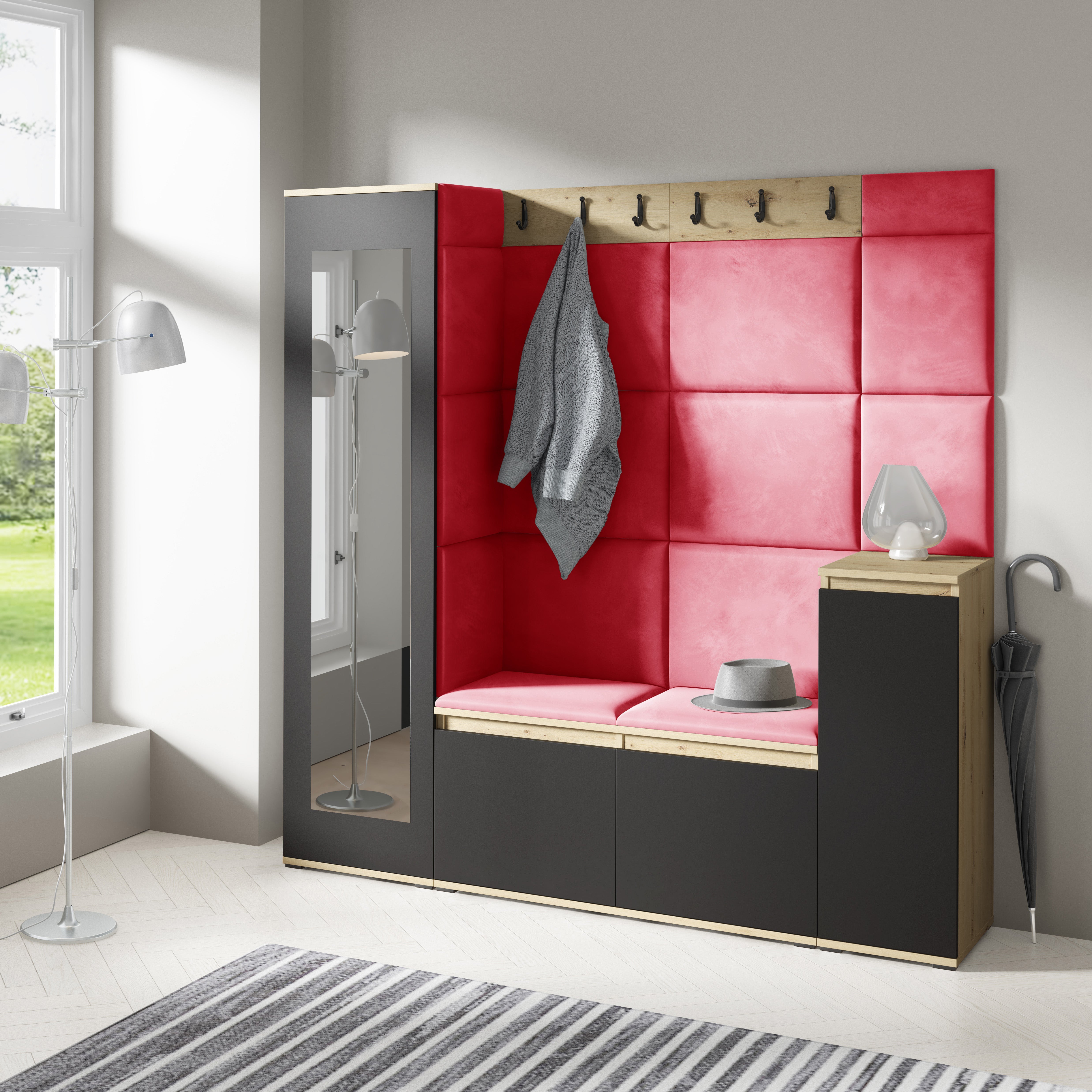 PK Emi 28 Flurschrank Aristan Eiche/Schwarz - Gepolsterte Paneele in verschiedenen Farben