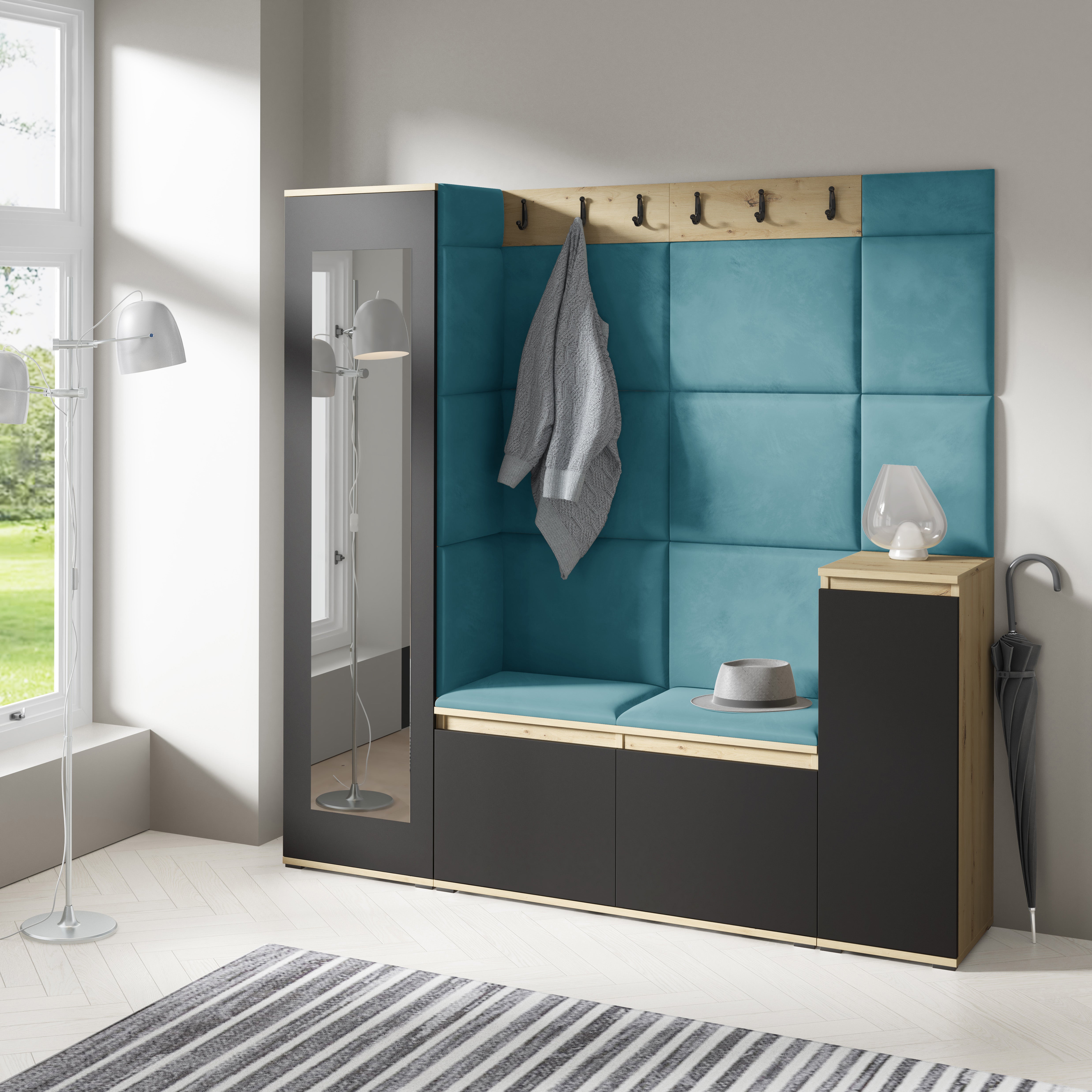 PK Emi 28 Flurschrank Aristan Eiche/Schwarz - Gepolsterte Paneele in verschiedenen Farben