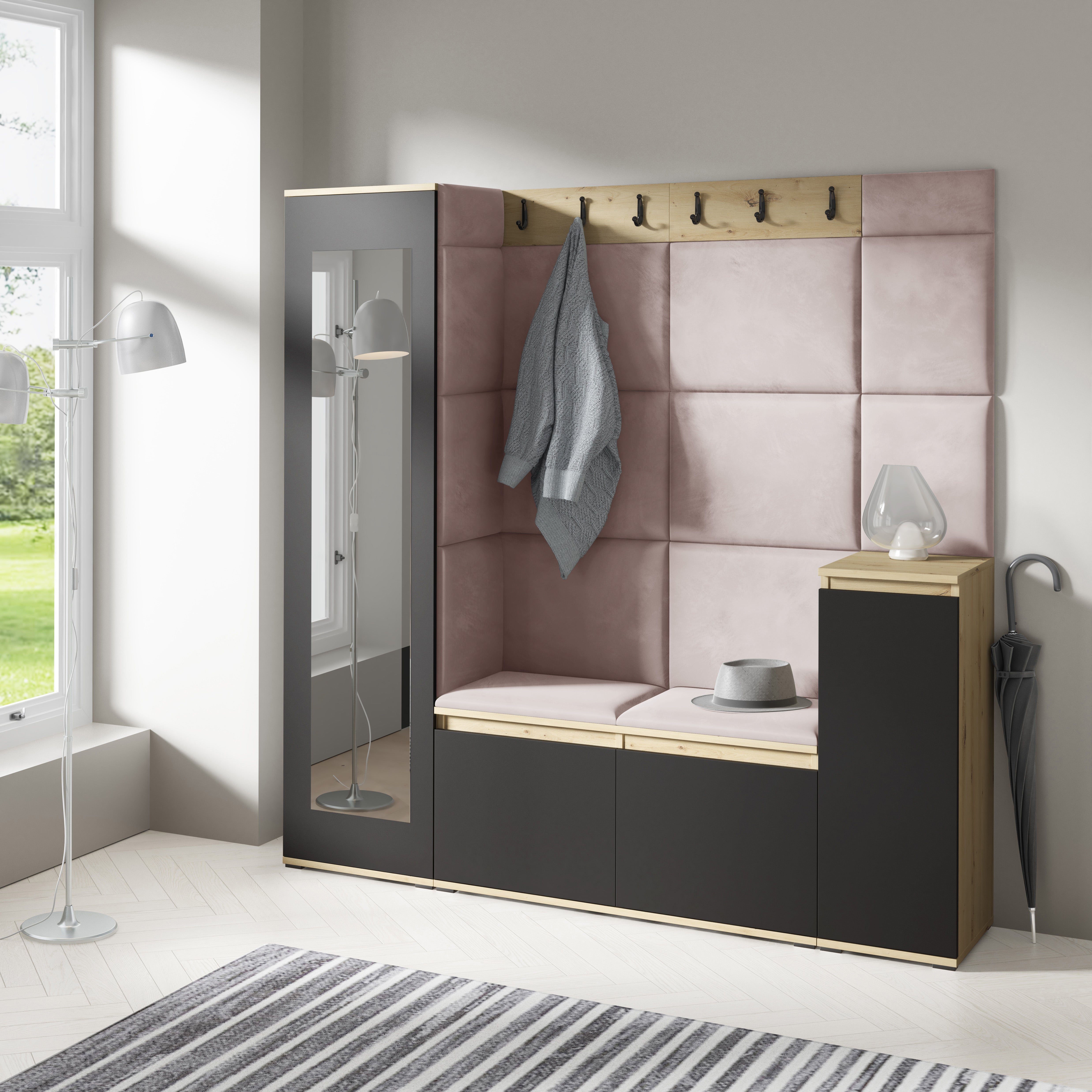 PK Emi 28 Flurschrank Aristan Eiche/Schwarz - Gepolsterte Paneele in verschiedenen Farben