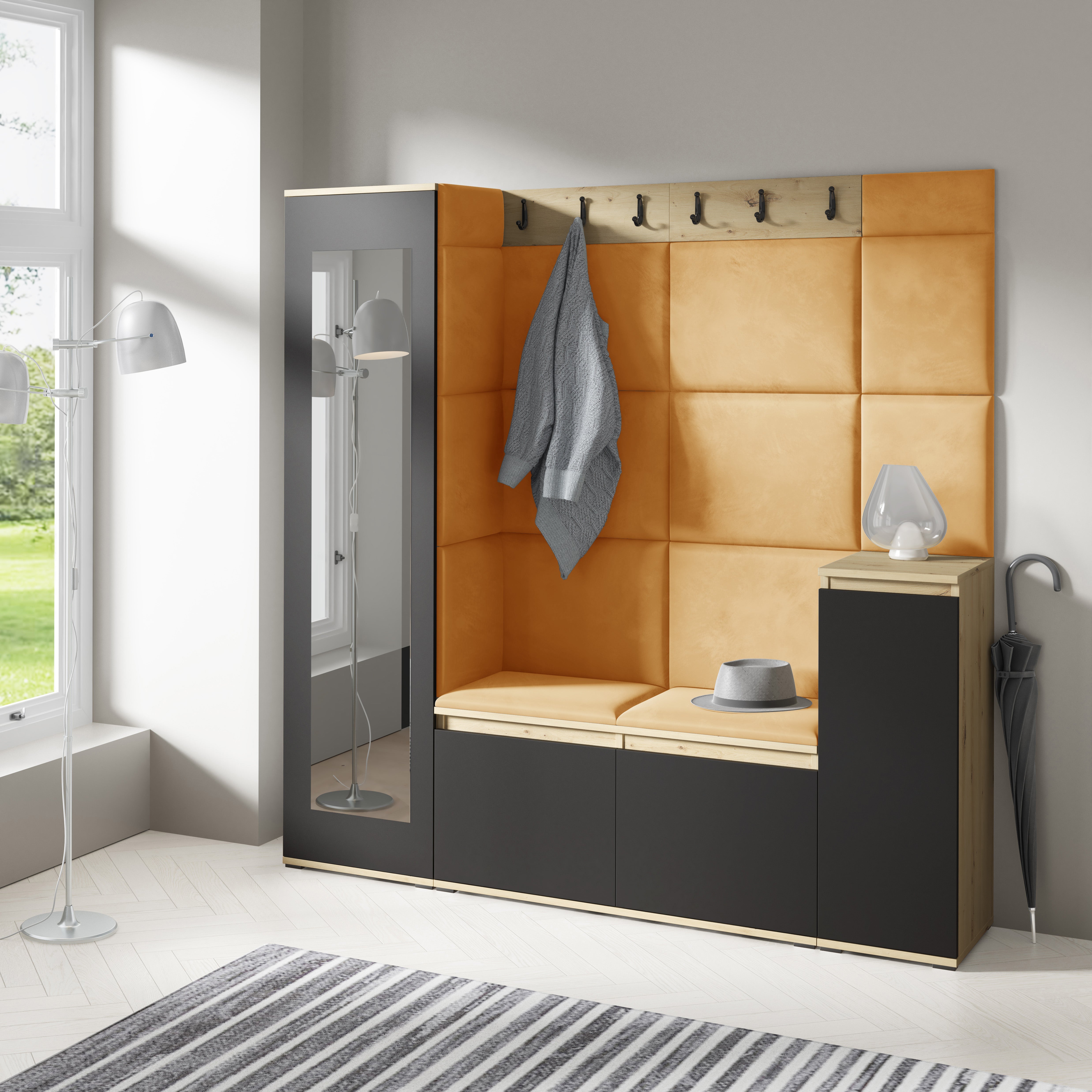 PK Emi 28 Flurschrank Aristan Eiche/Schwarz - Gepolsterte Paneele in verschiedenen Farben