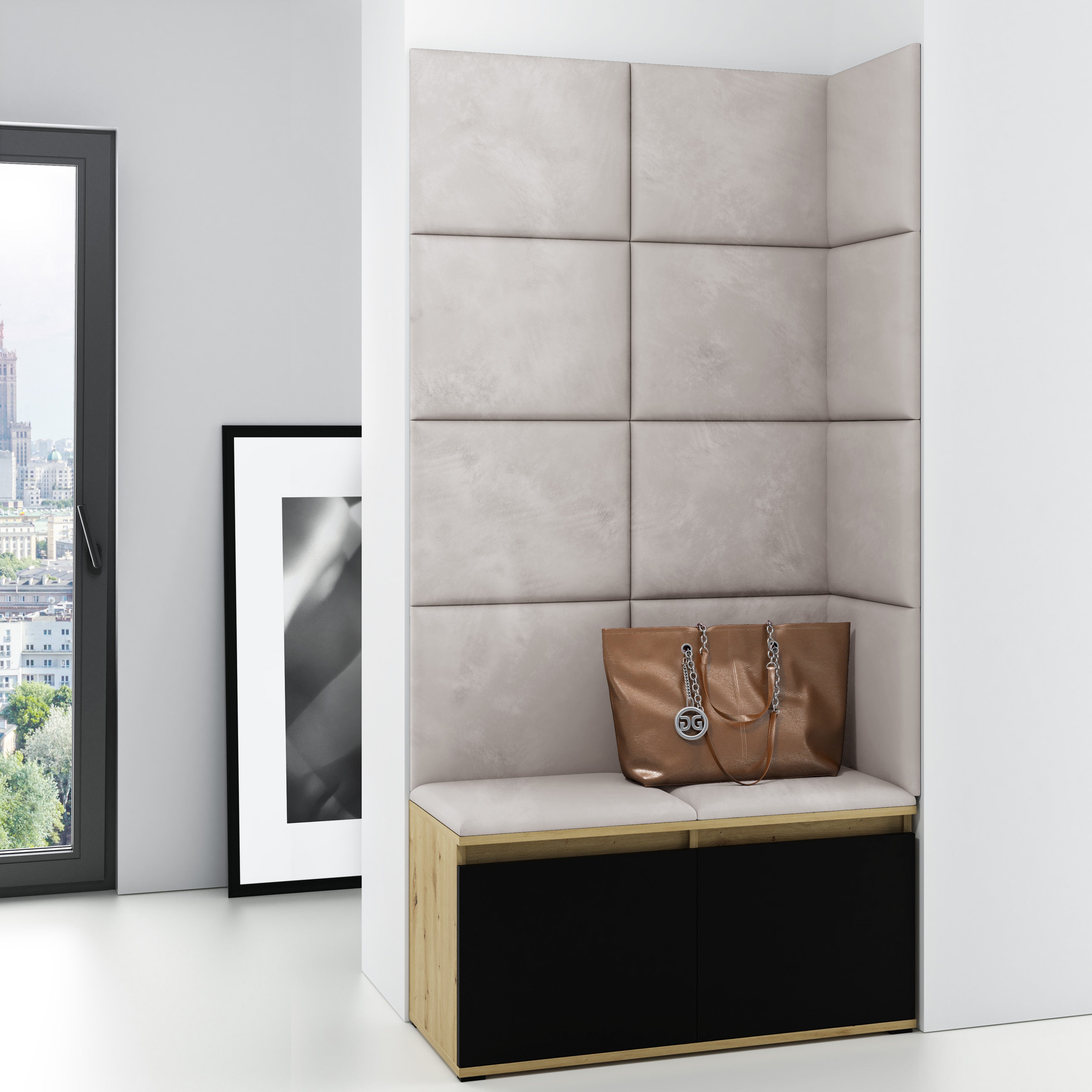 PK Emi 2 Flurschrank Artisan Oak/Schwarz - Gepolsterte Paneele in verschiedenen Farben