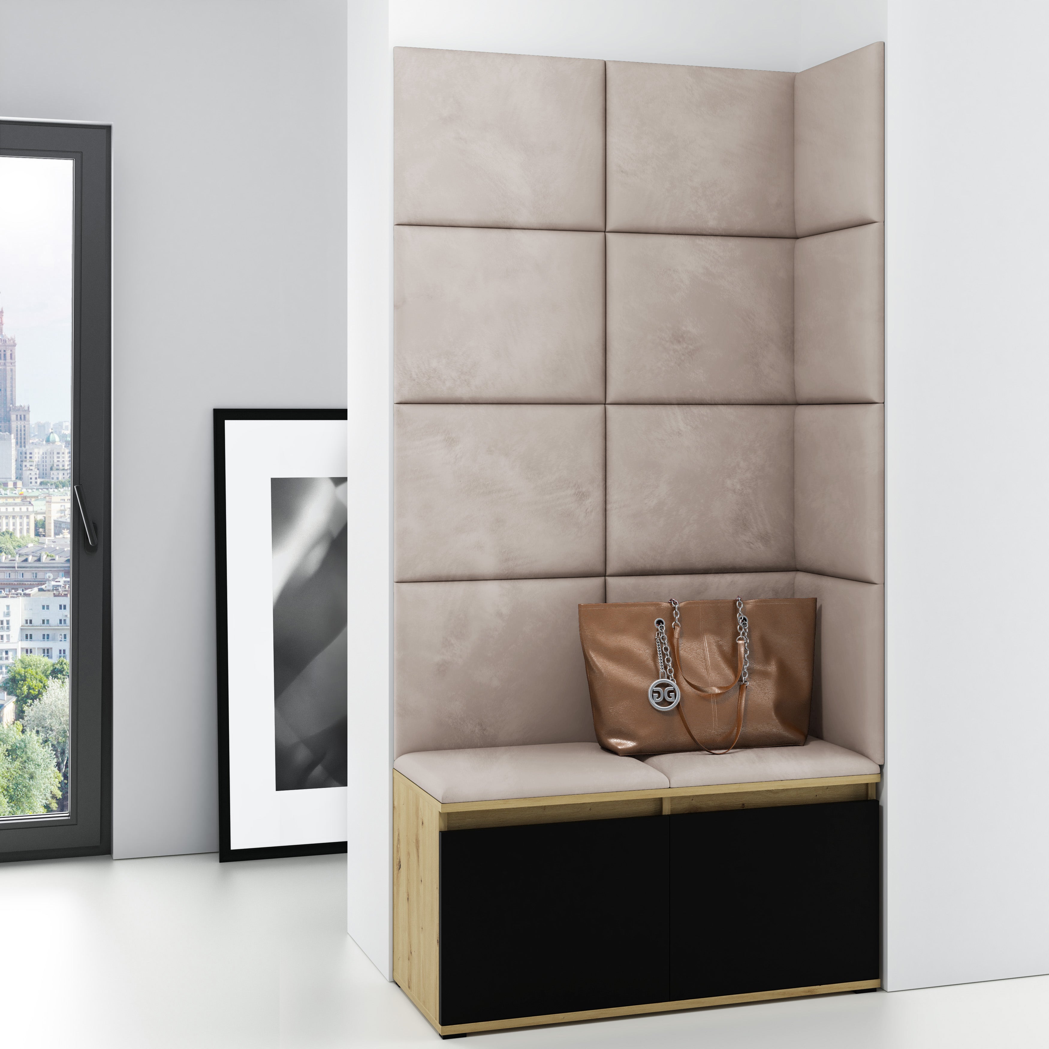 PK Emi 2 Flurschrank Artisan Oak/Schwarz - Gepolsterte Paneele in verschiedenen Farben