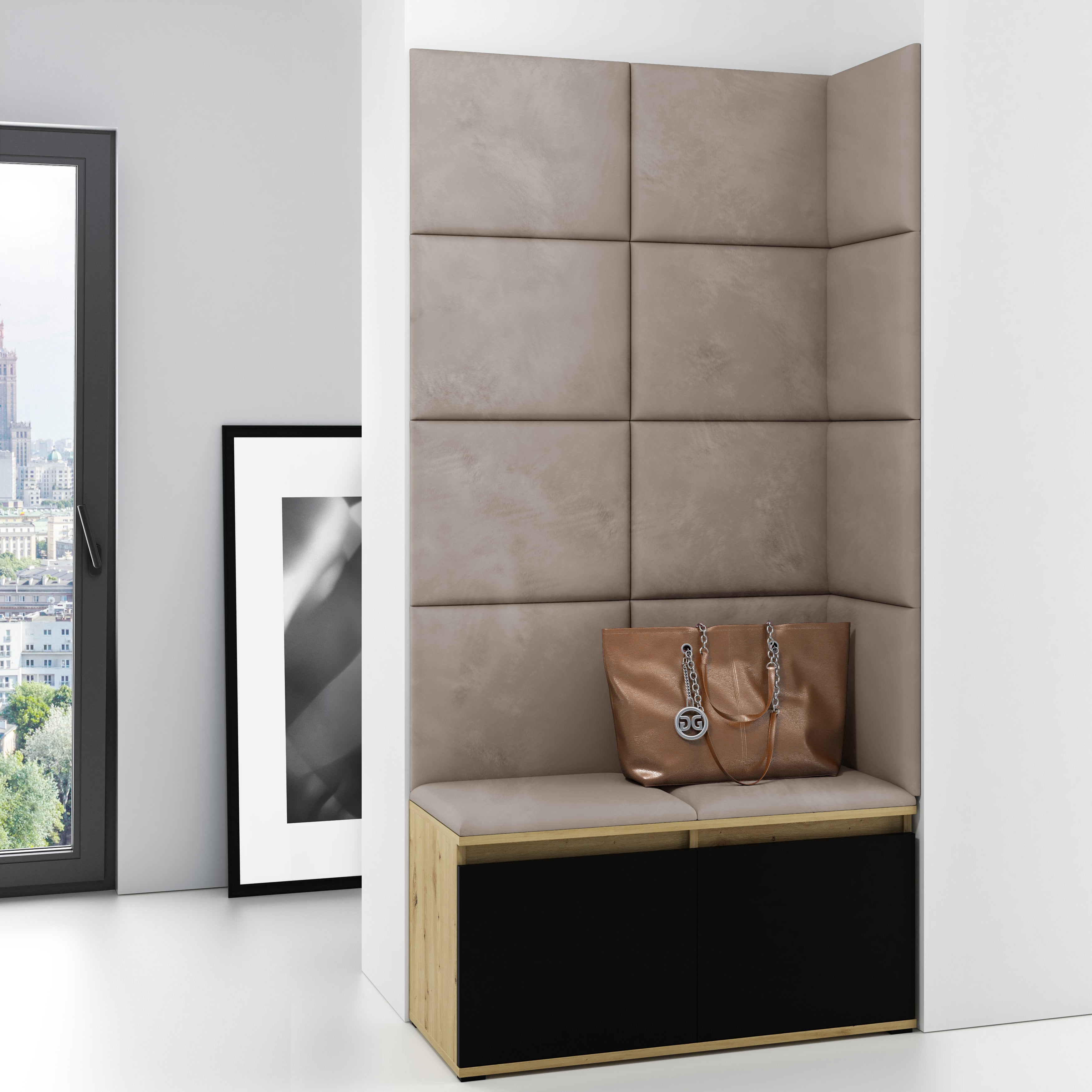 PK Emi 2 Flurschrank Artisan Oak/Schwarz - Gepolsterte Paneele in verschiedenen Farben