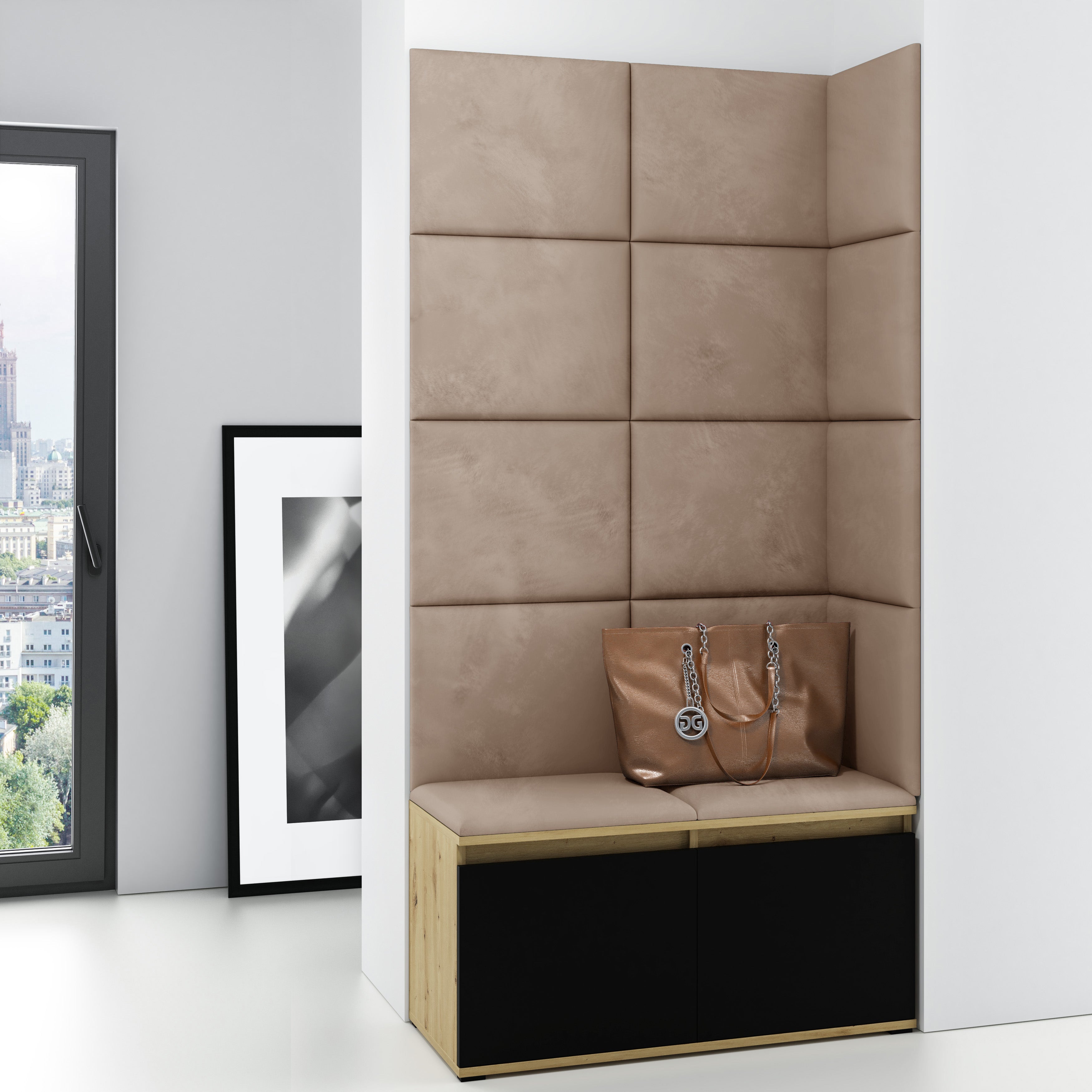 PK Emi 2 Flurschrank Artisan Oak/Schwarz - Gepolsterte Paneele in verschiedenen Farben