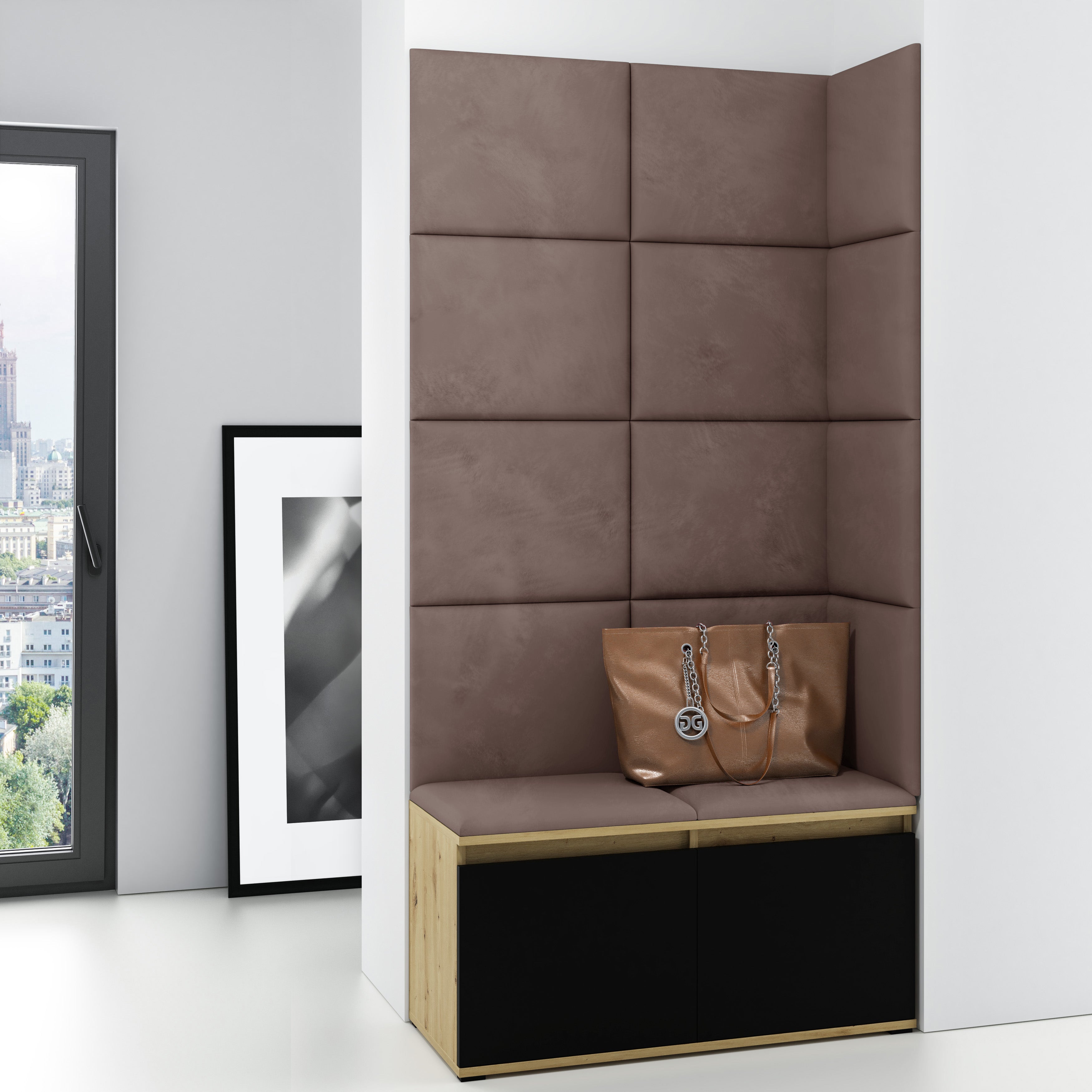 PK Emi 2 Flurschrank Artisan Oak/Schwarz - Gepolsterte Paneele in verschiedenen Farben