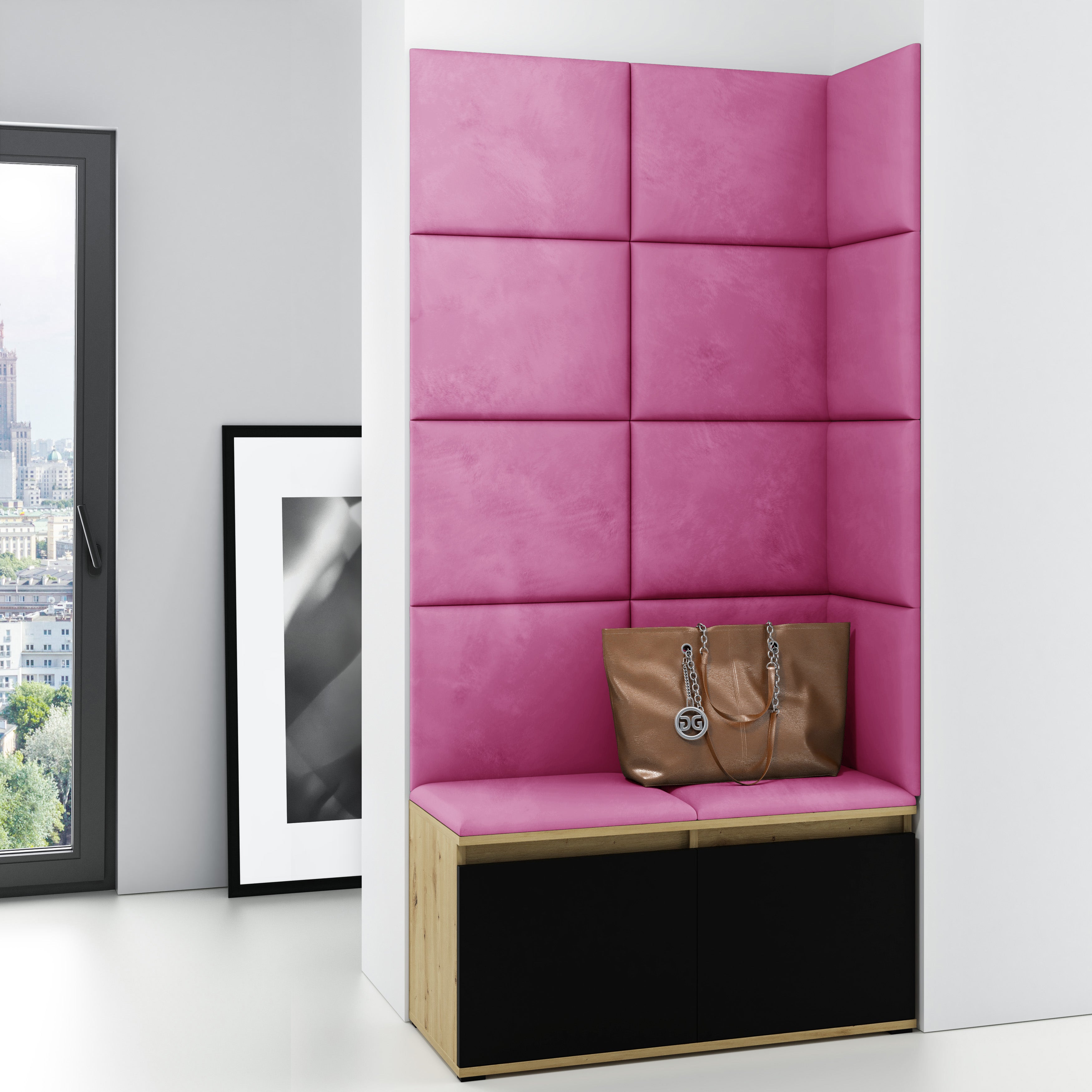 PK Emi 2 Flurschrank Artisan Oak/Schwarz - Gepolsterte Paneele in verschiedenen Farben