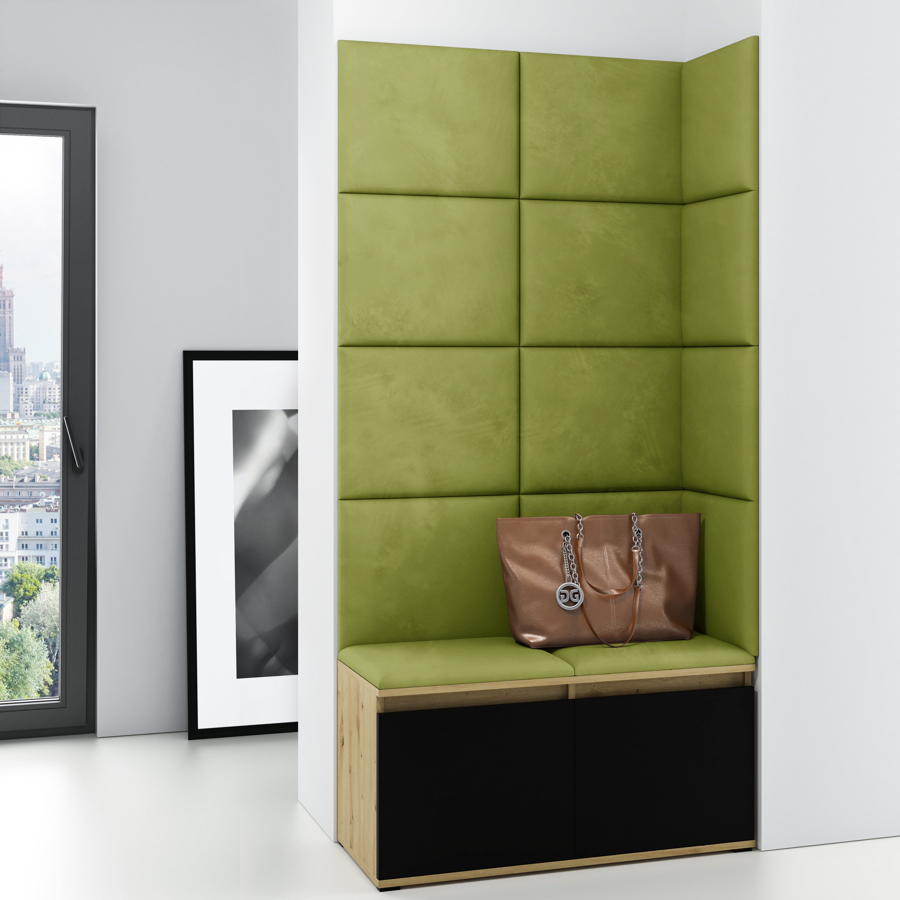 PK Emi 2 Flurschrank Artisan Oak/Schwarz - Gepolsterte Paneele in verschiedenen Farben