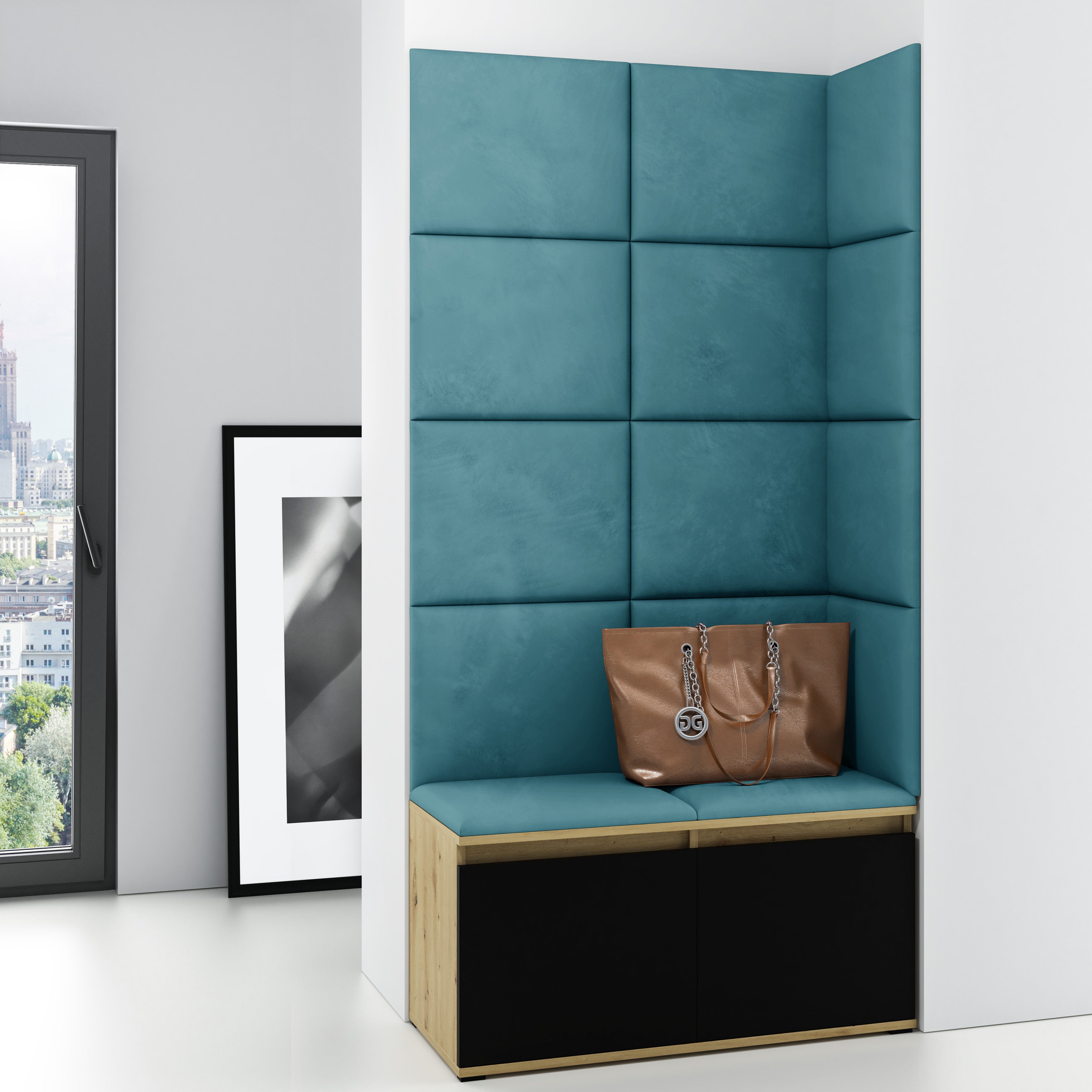 PK Emi 2 Flurschrank Artisan Oak/Schwarz - Gepolsterte Paneele in verschiedenen Farben