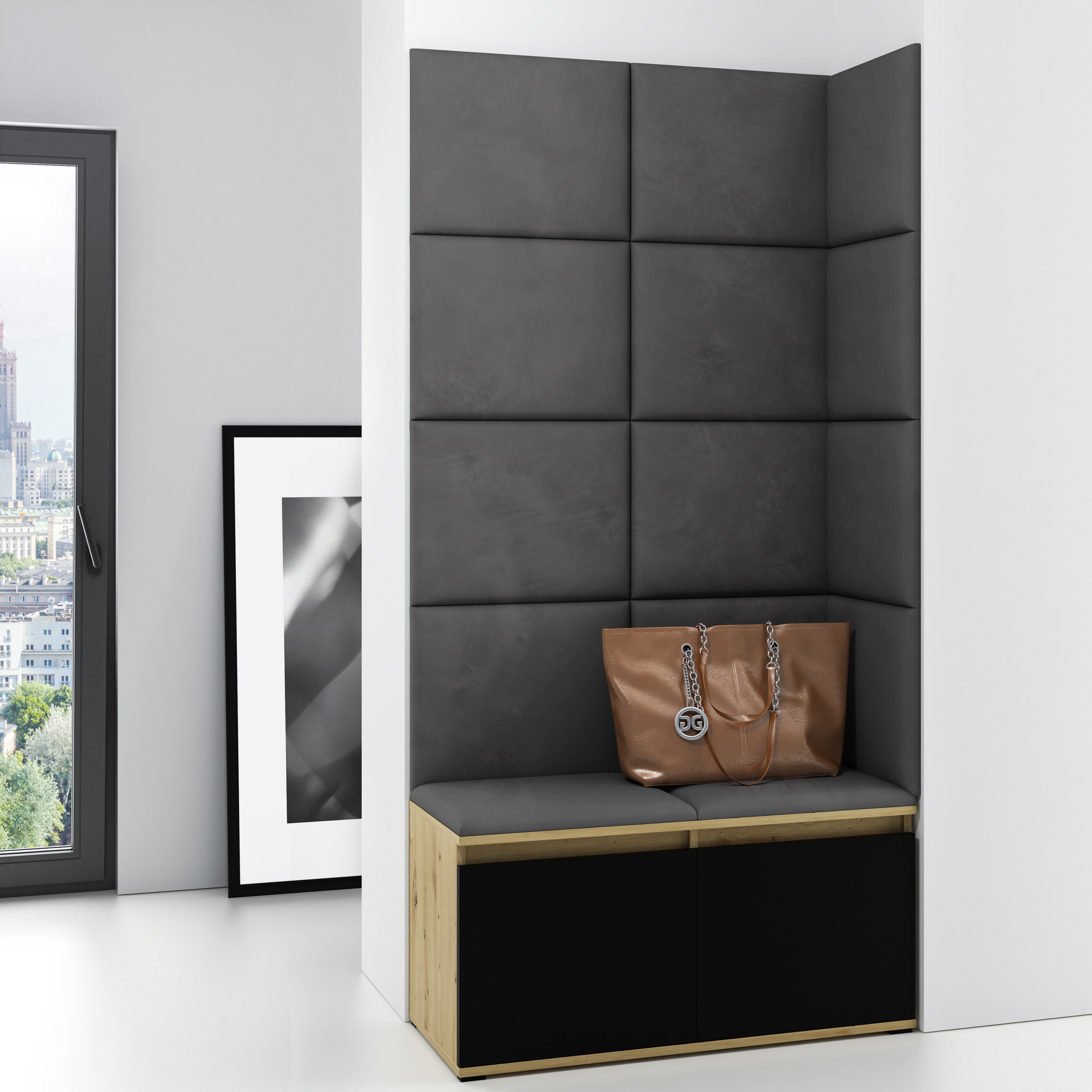 PK Emi 2 Flurschrank Artisan Oak/Schwarz - Gepolsterte Paneele in verschiedenen Farben