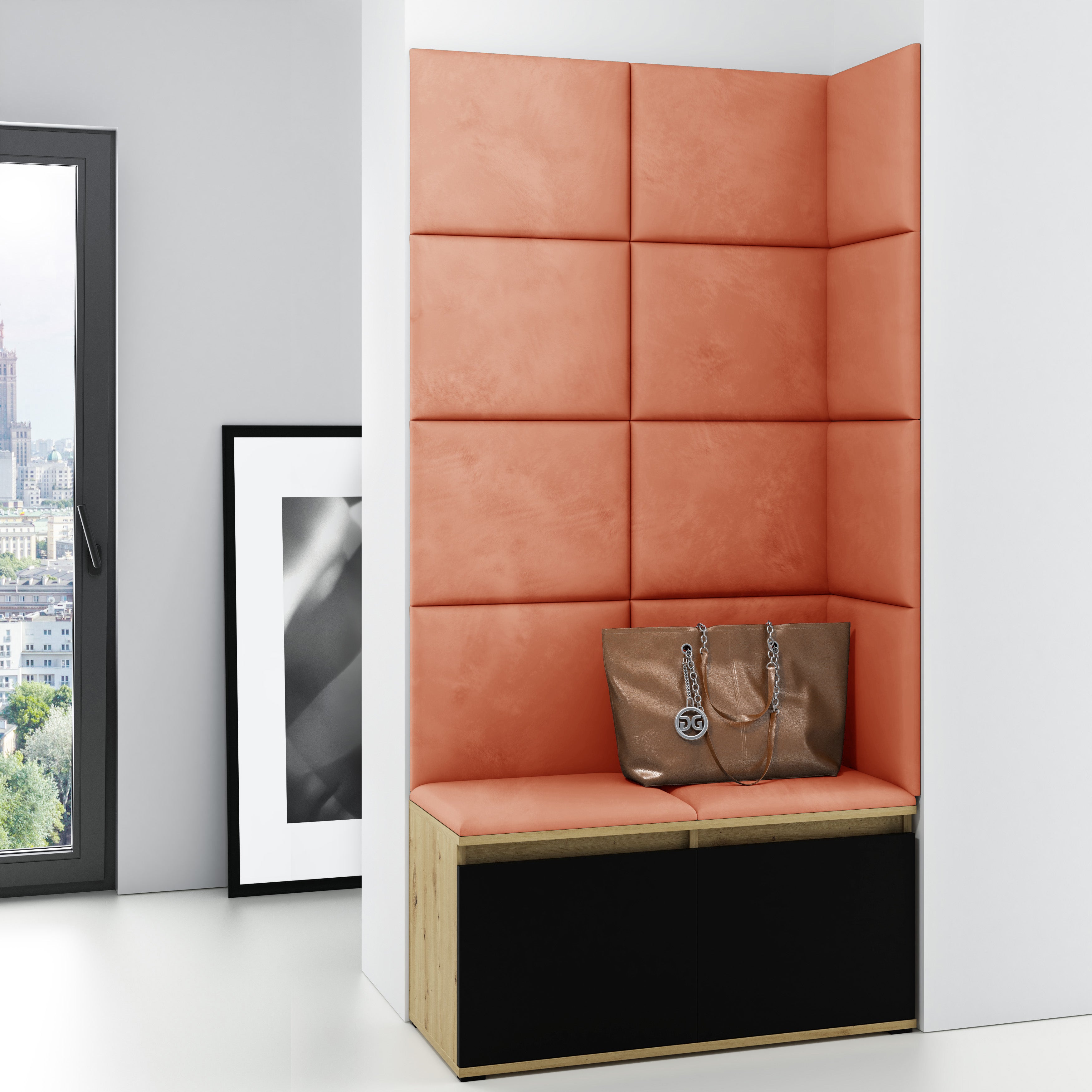 PK Emi 2 Flurschrank Artisan Oak/Schwarz - Gepolsterte Paneele in verschiedenen Farben