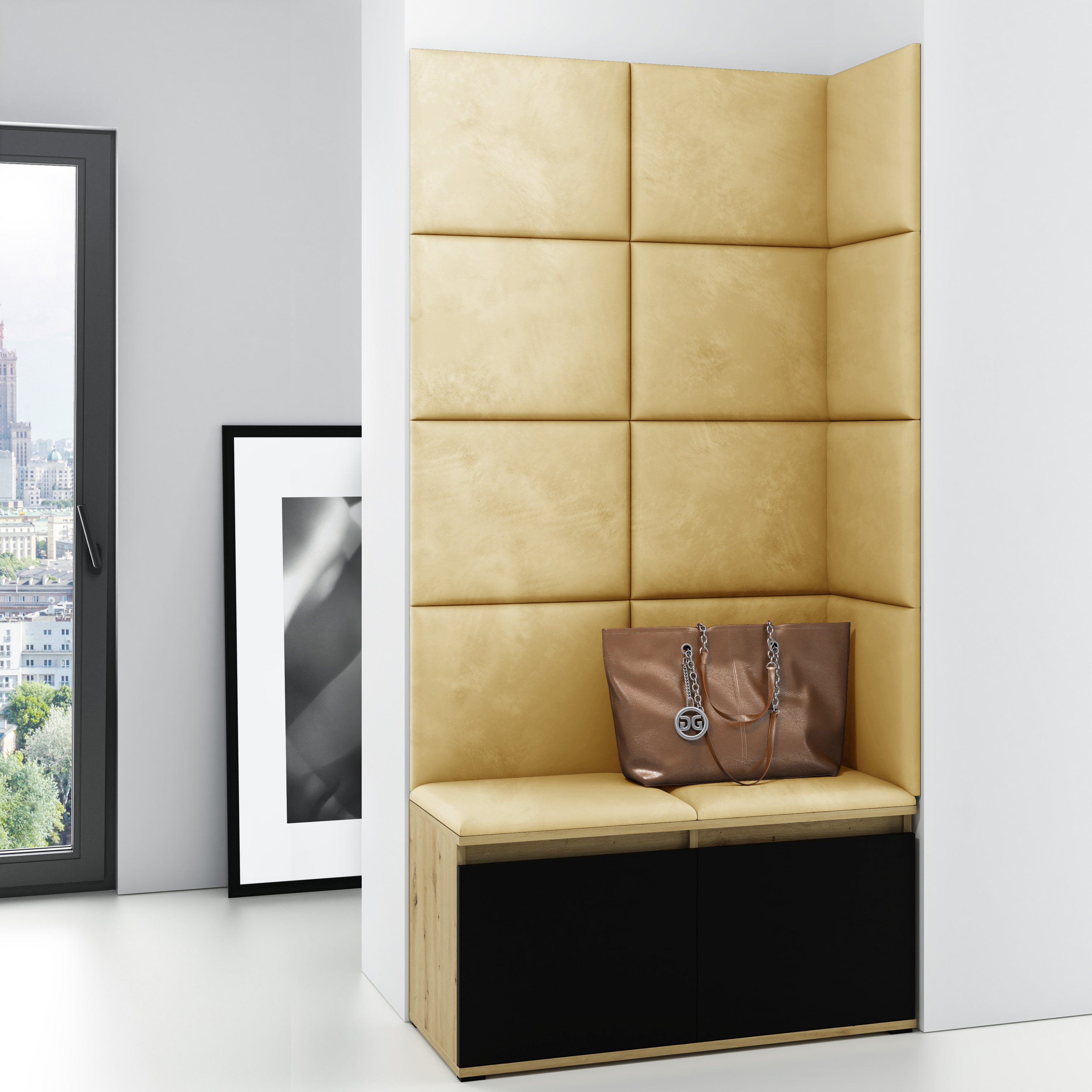 PK Emi 2 Flurschrank Artisan Oak/Schwarz - Gepolsterte Paneele in verschiedenen Farben