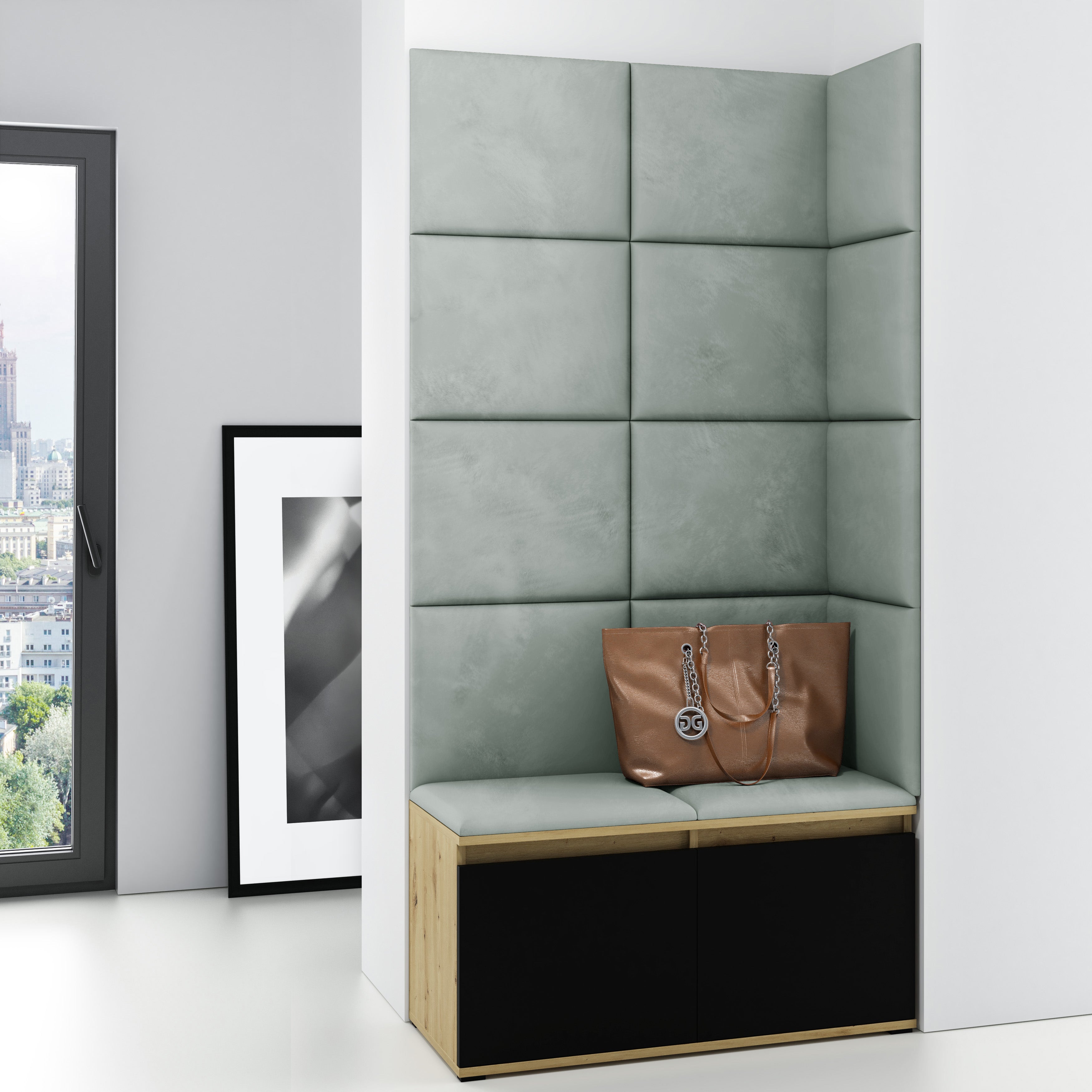 PK Emi 2 Flurschrank Artisan Oak/Schwarz - Gepolsterte Paneele in verschiedenen Farben