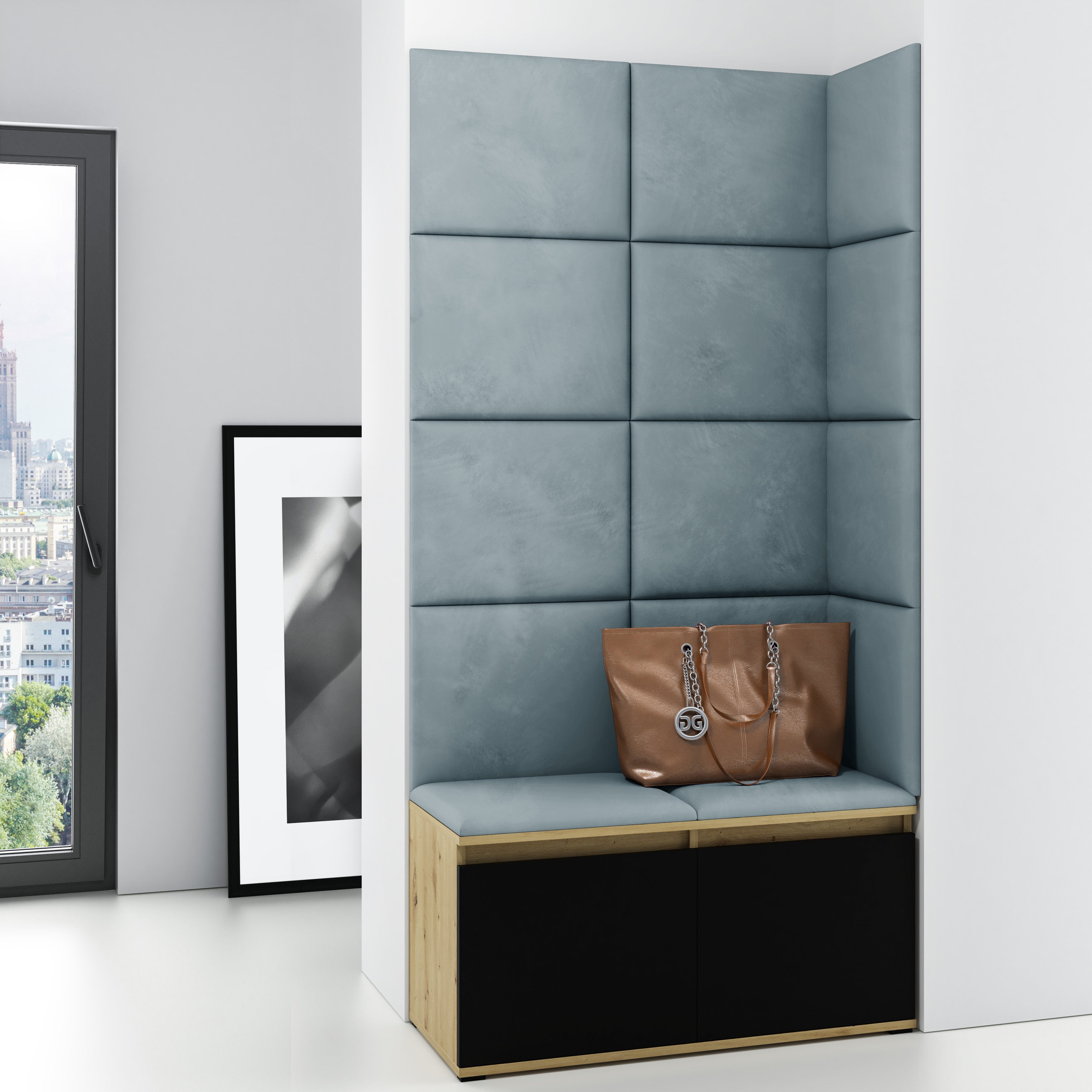 PK Emi 2 Flurschrank Artisan Oak/Schwarz - Gepolsterte Paneele in verschiedenen Farben