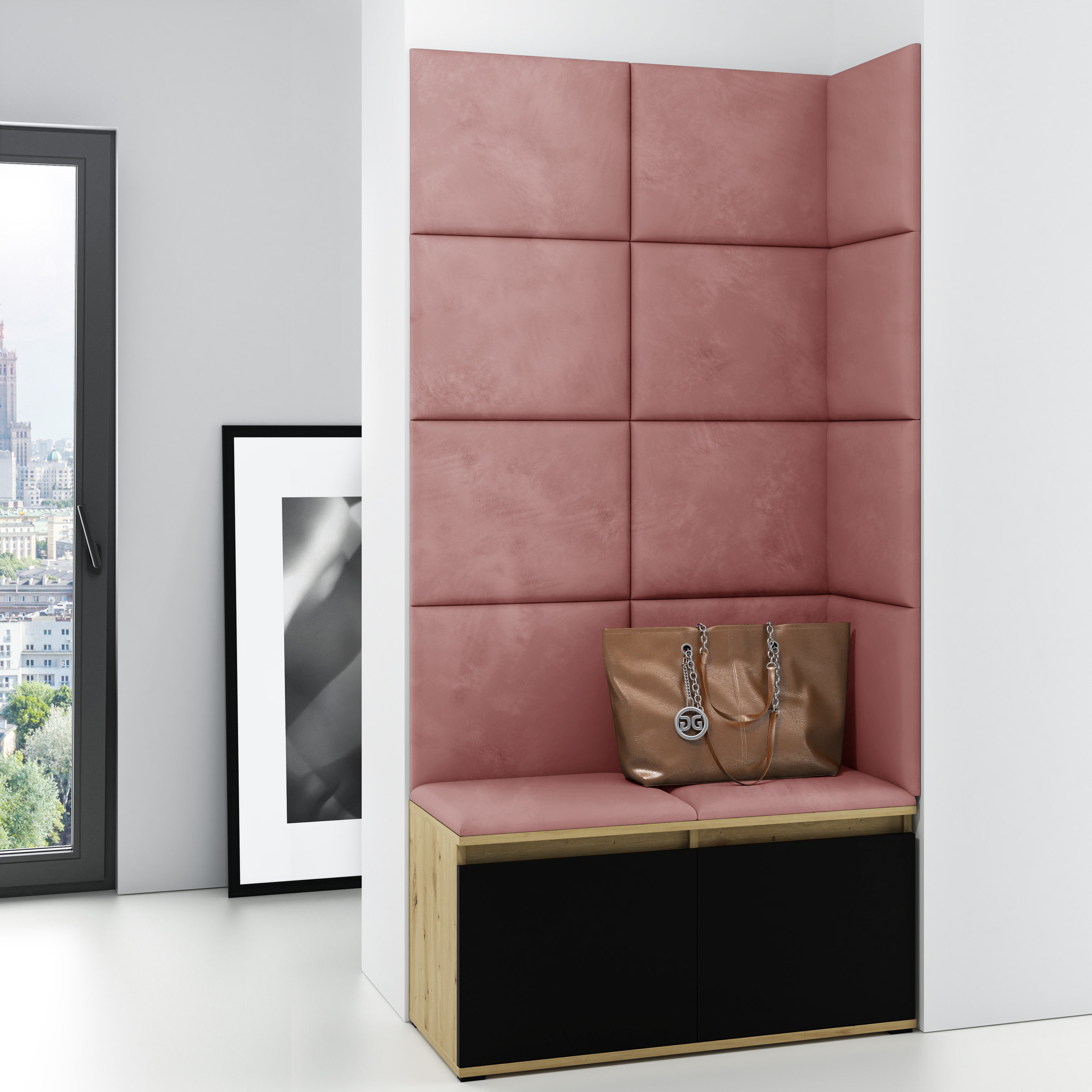 PK Emi 2 Flurschrank Artisan Oak/Schwarz - Gepolsterte Paneele in verschiedenen Farben