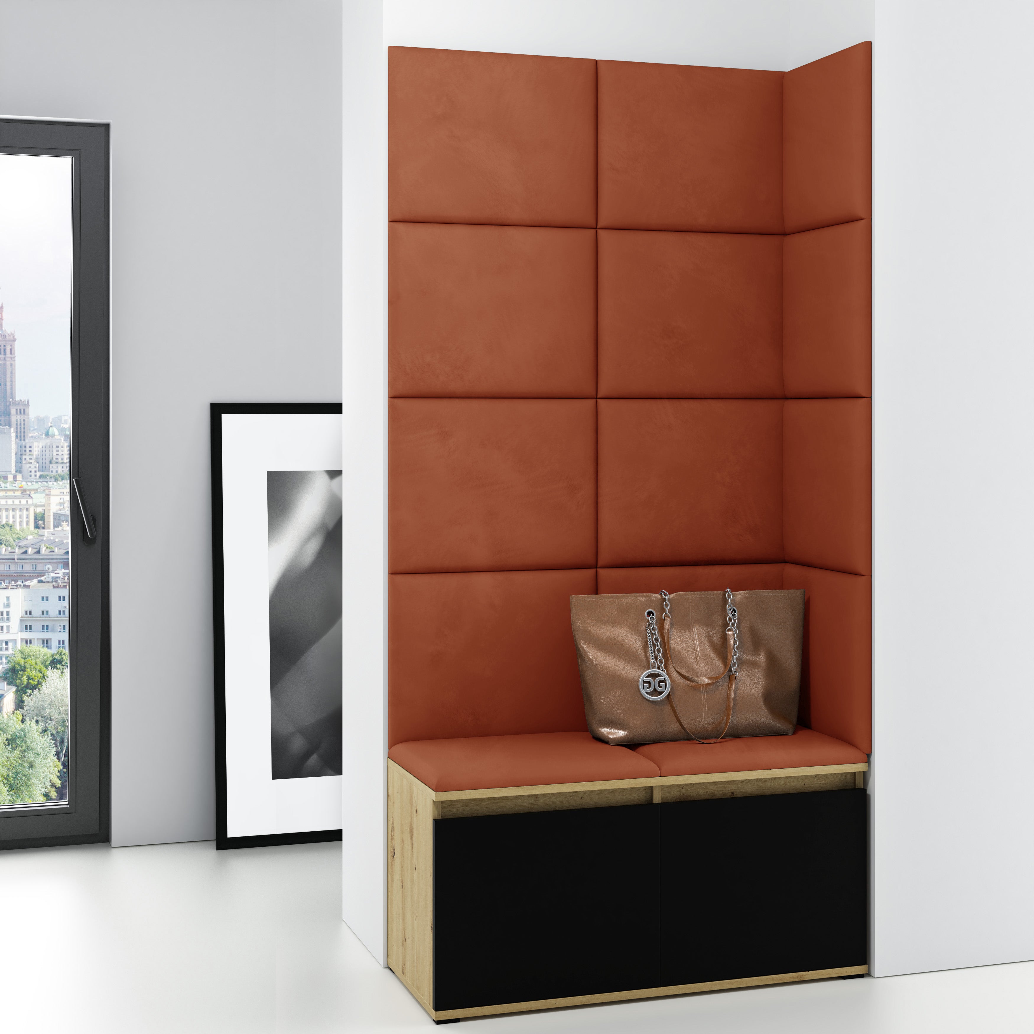 PK Emi 2 Flurschrank Artisan Oak/Schwarz - Gepolsterte Paneele in verschiedenen Farben