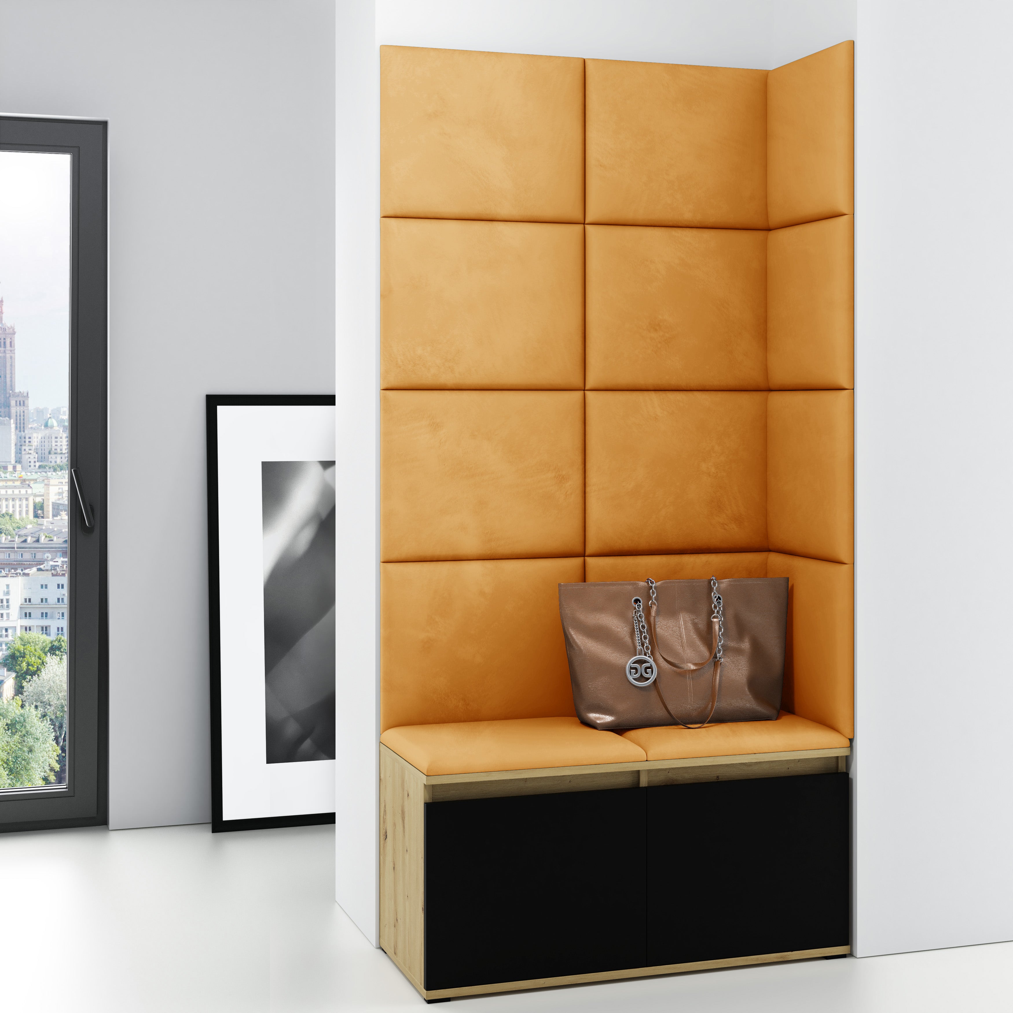 PK Emi 2 Flurschrank Artisan Oak/Schwarz - Gepolsterte Paneele in verschiedenen Farben