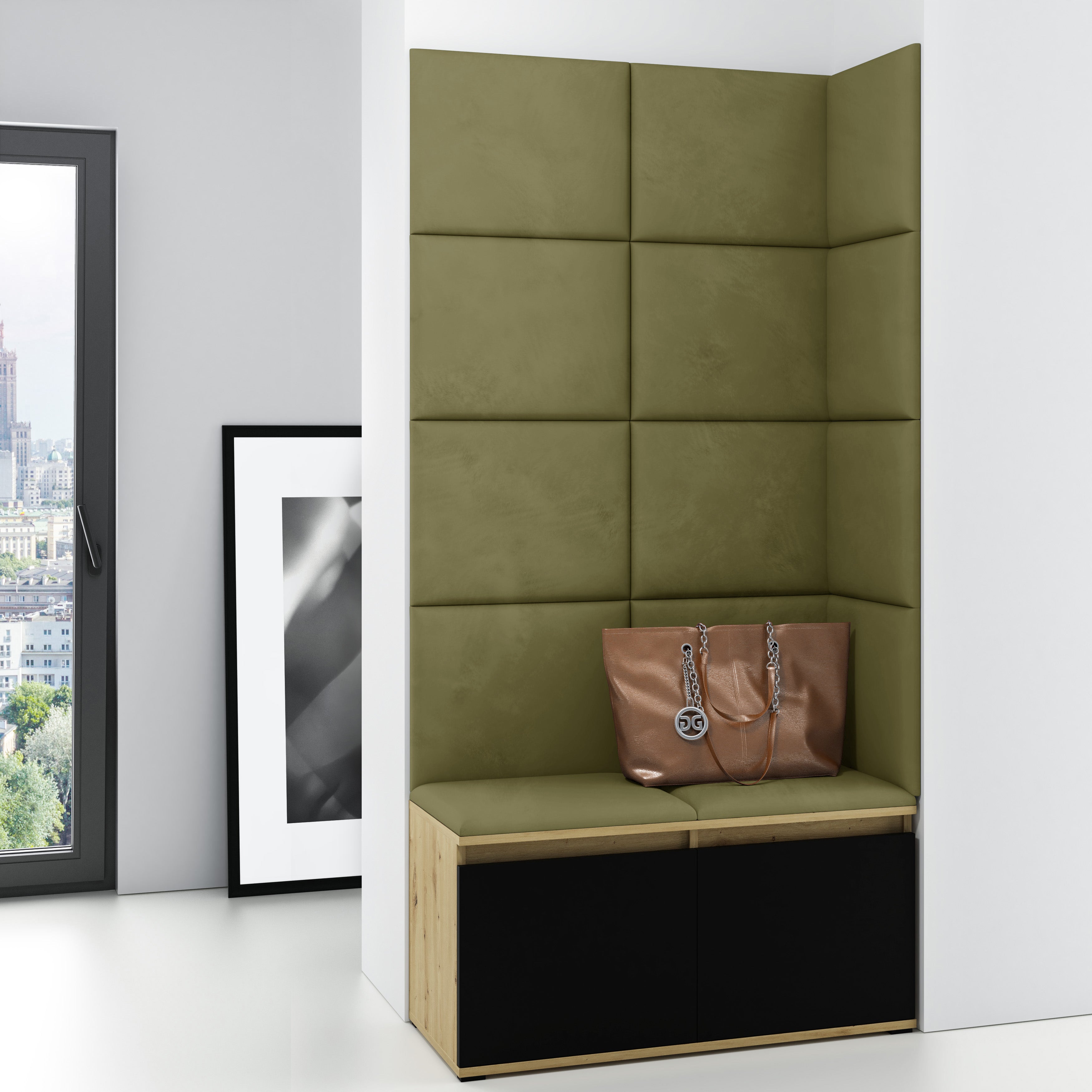 PK Emi 2 Flurschrank Artisan Oak/Schwarz - Gepolsterte Paneele in verschiedenen Farben