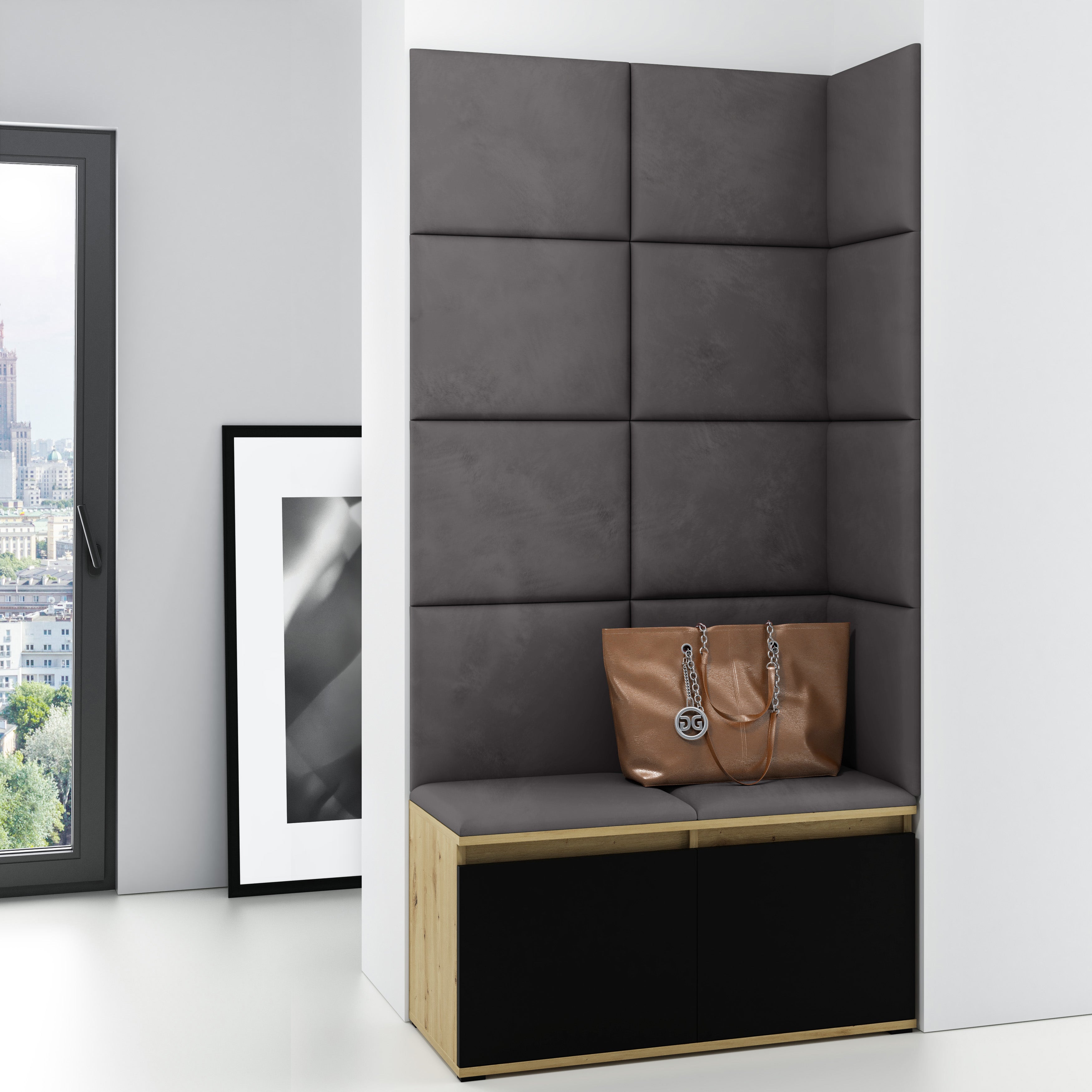 PK Emi 2 Flurschrank Artisan Oak/Schwarz - Gepolsterte Paneele in verschiedenen Farben