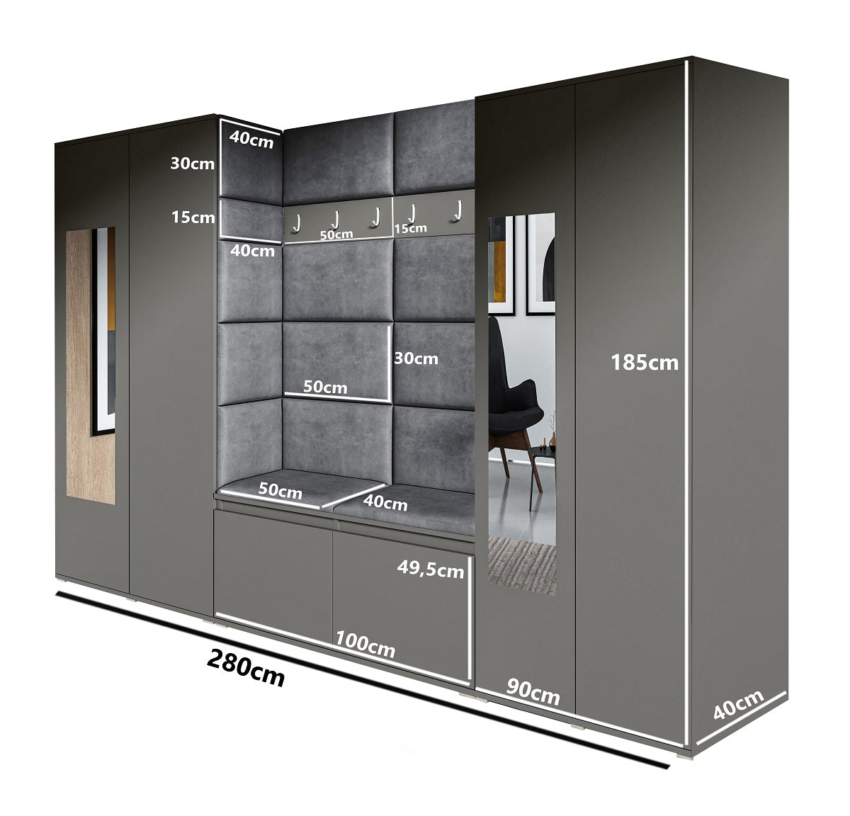 PK Flurgarderobe Emi 10 Artisan Eiche/Schwarz - Polsterpaneele in verschiedenen Farben