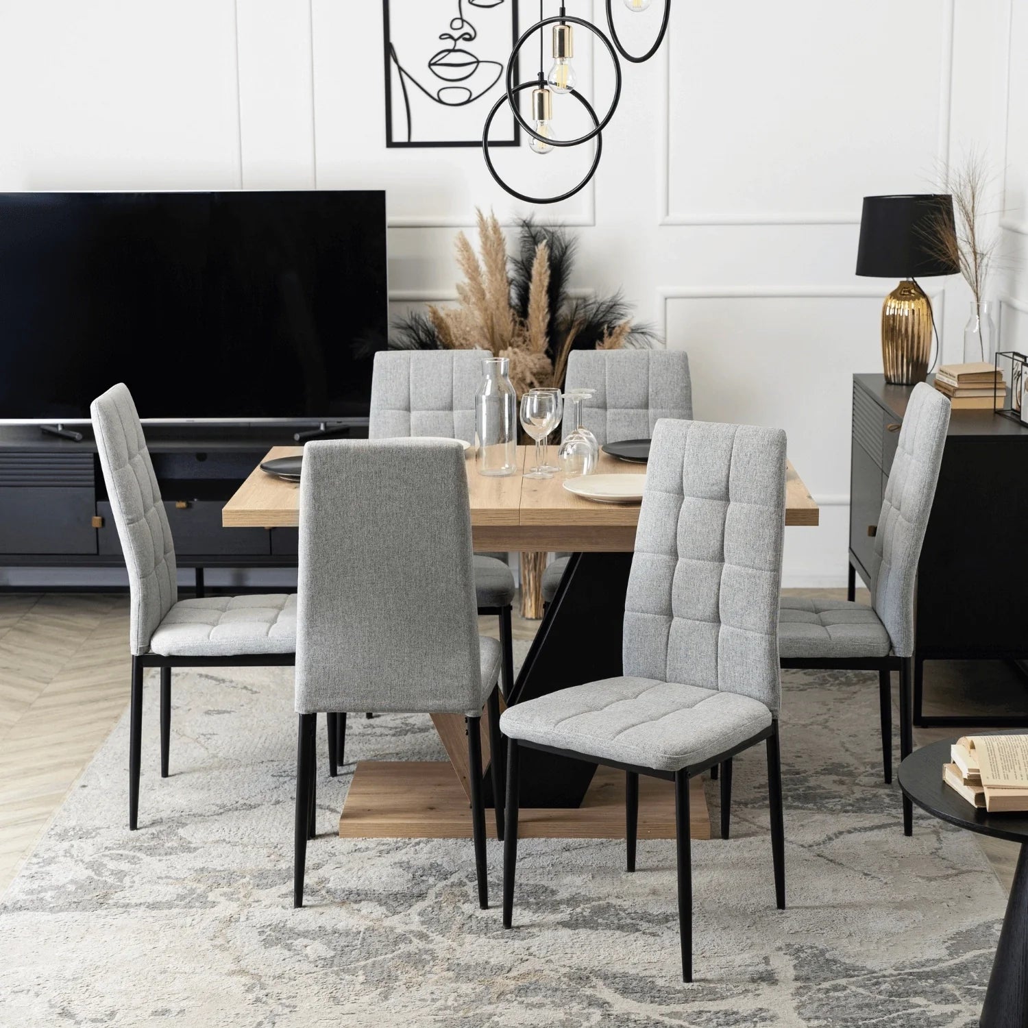 Elite Dining Set – CLARK Extendable Table (120-160 cm) & 6 TEX Chairs – Oak Artisan/Black & Gray