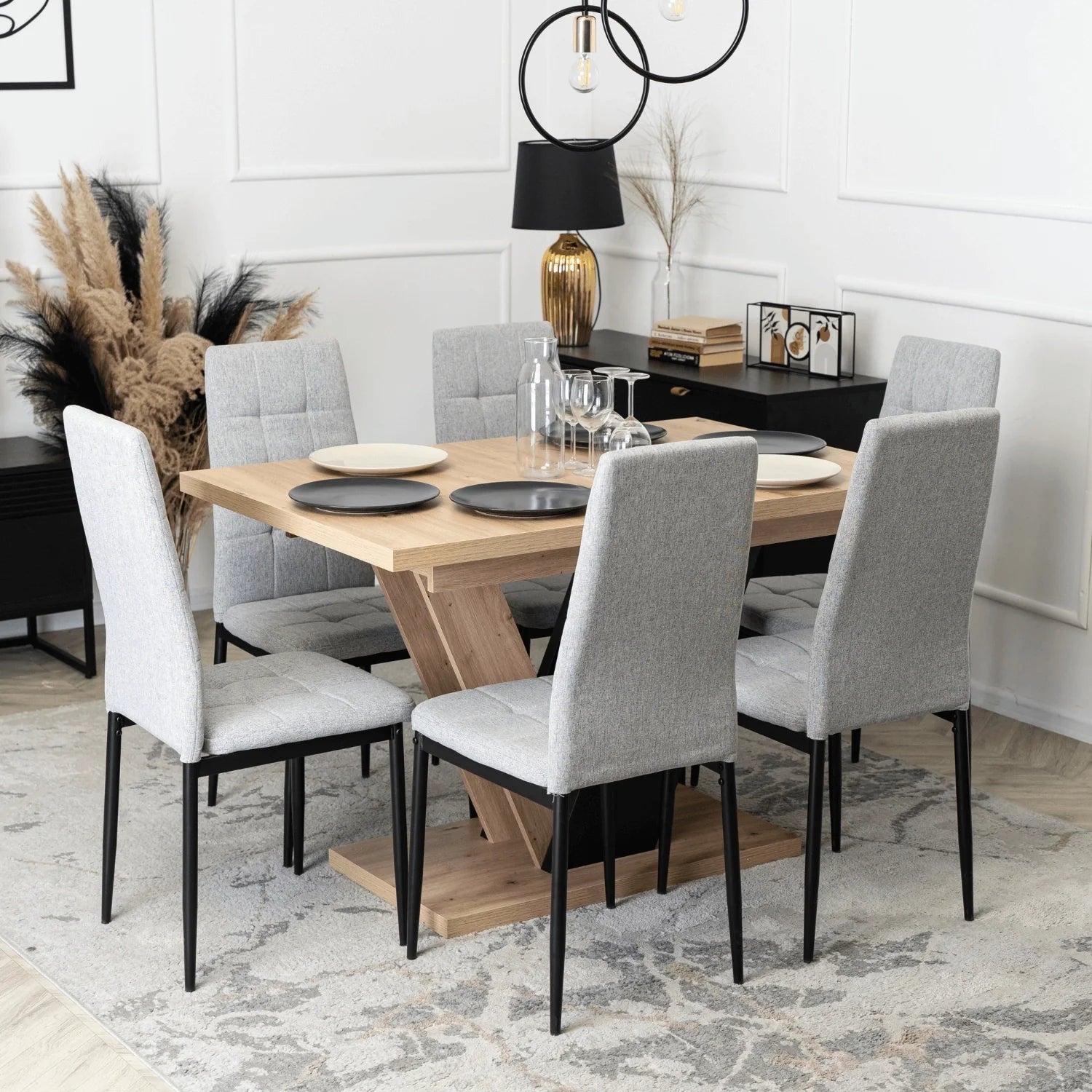 Elite Dining Set – CLARK Extendable Table (120-160 cm) & 6 TEX Chairs – Oak Artisan/Black & Gray