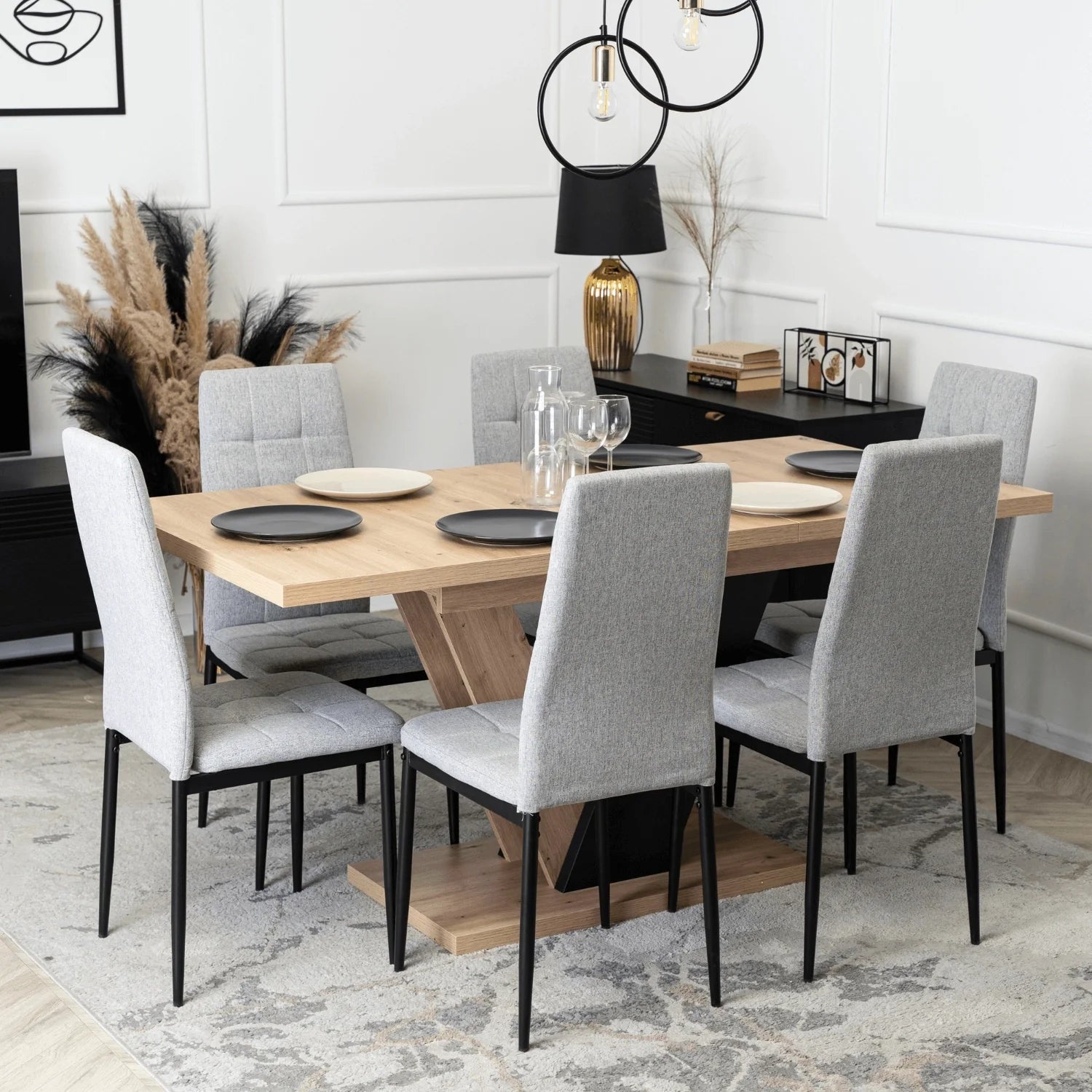 Elite Dining Set – CLARK Extendable Table (120-160 cm) & 6 TEX Chairs – Oak Artisan/Black & Gray