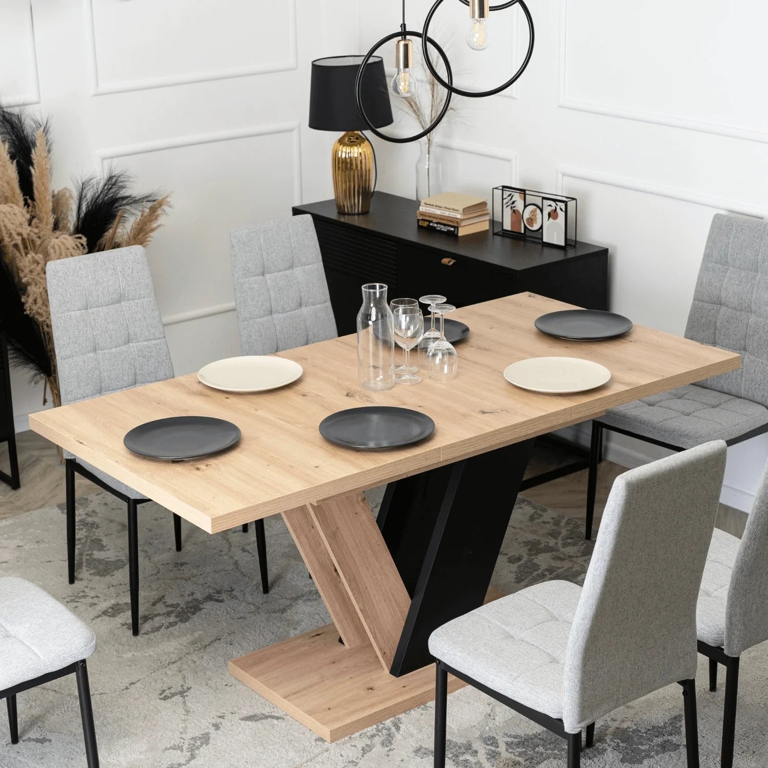 Elite Dining Set – CLARK Extendable Table (120-160 cm) & 6 TEX Chairs – Oak Artisan/Black & Gray