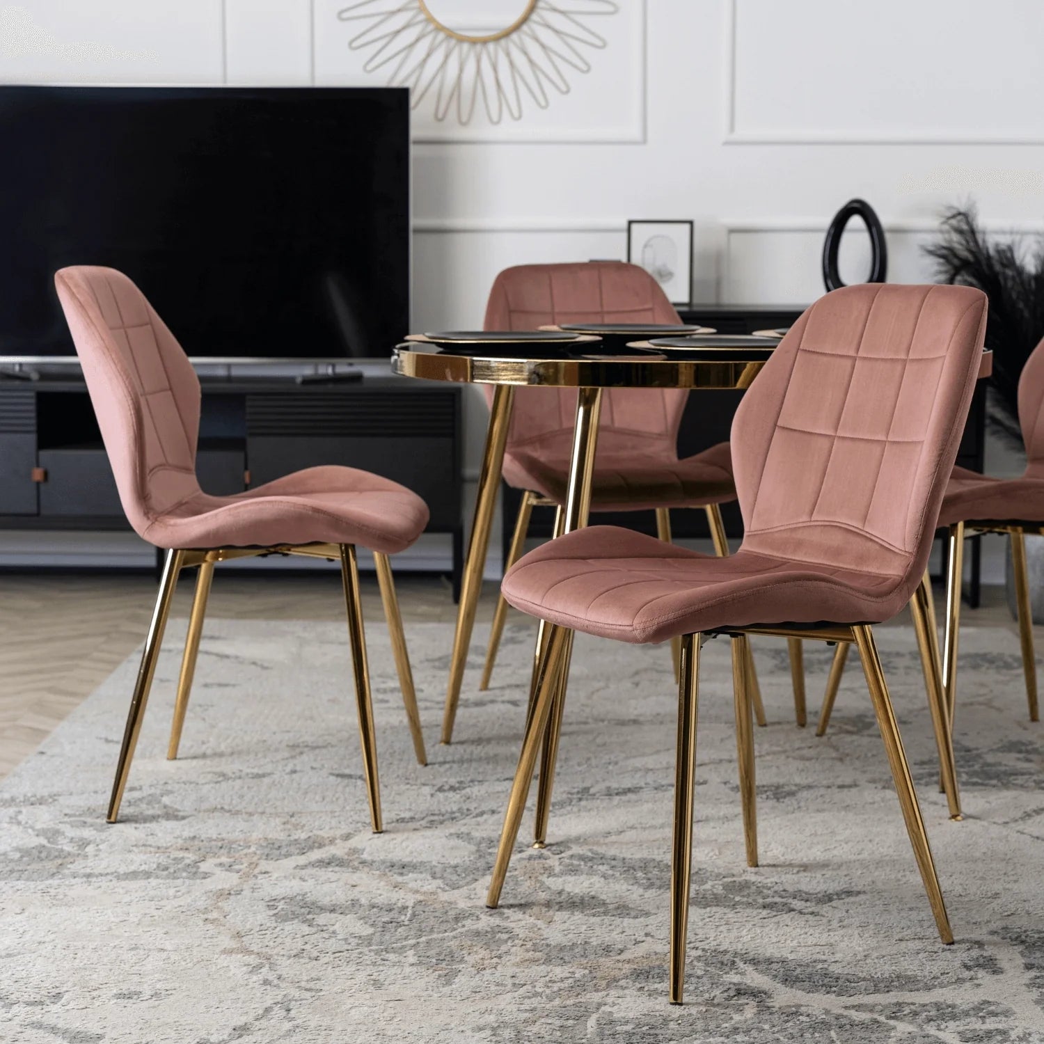 Elite TINGA Dining Set – 100 cm Black/Gold Table & 4 IRYS Pink Chairs