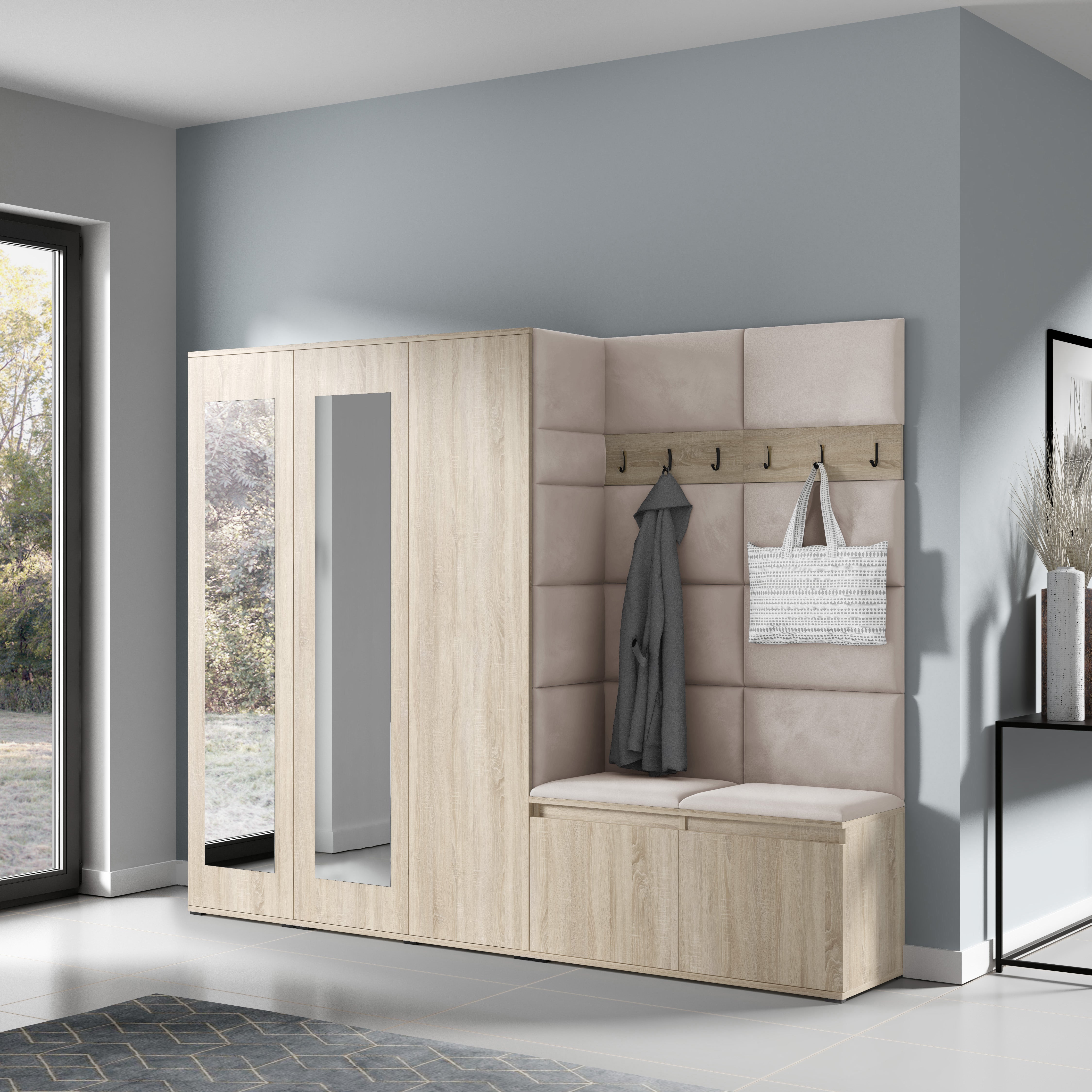 PK Emi 15 Hallway Wardrobe Sonoma Oak - Upholstered Panels in Various Colours