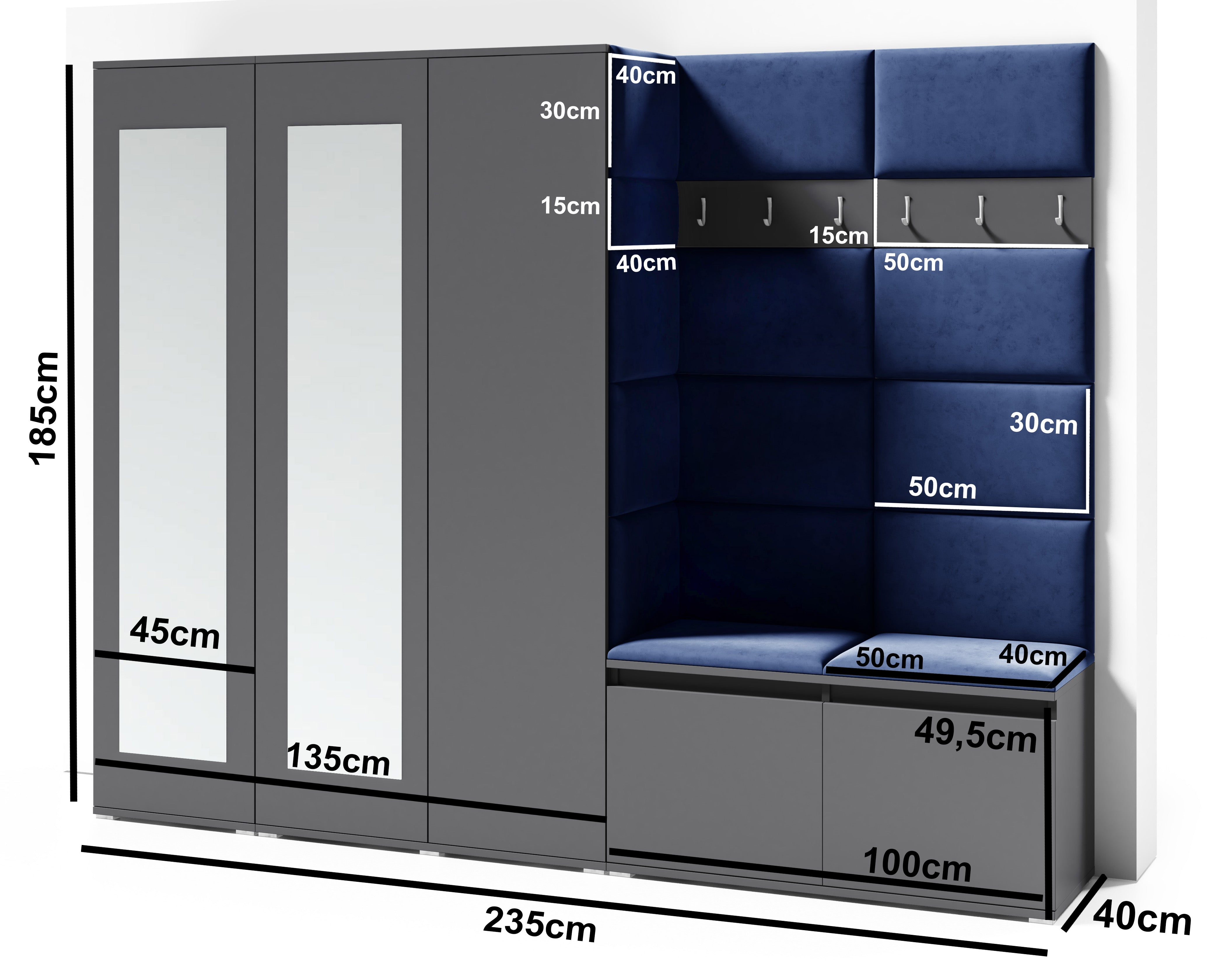 PK Emi 15 Hallway Wardrobe White - Upholstered Panels in Various Colours