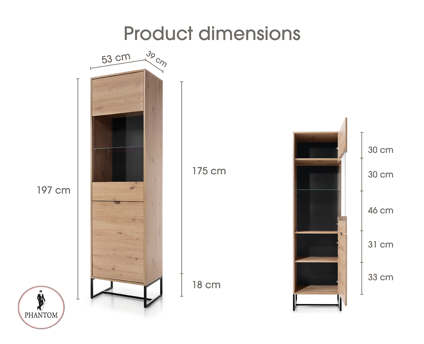 Amber Cabinet 53 - Aufbewahrungsschrank mit zwei Türen und Glasvitrine
