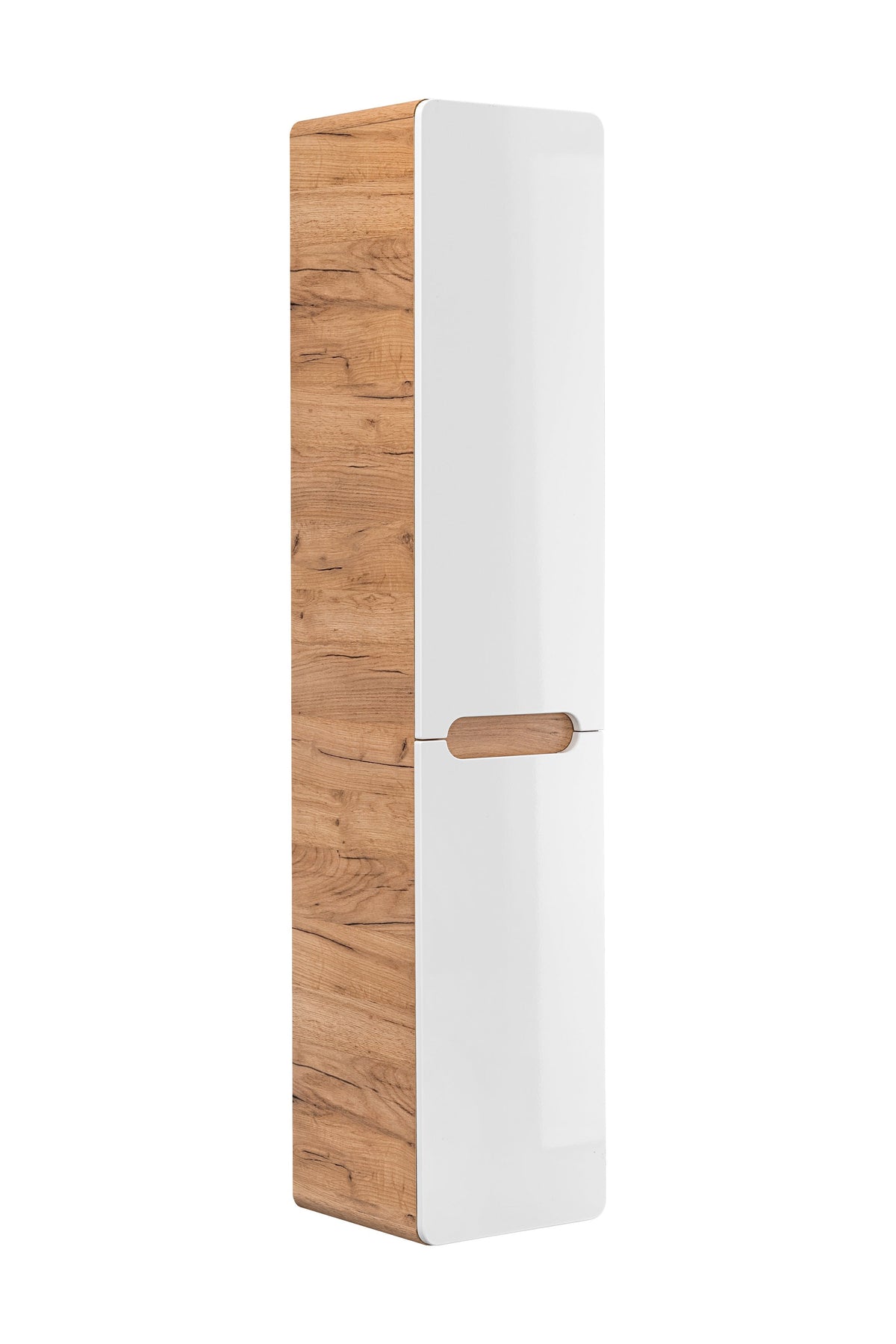 Aruba Weiß 804 FSC – Hochschrank 2 Türen, Weiß Hochglanz / Wildeiche, 35x170x35 cm