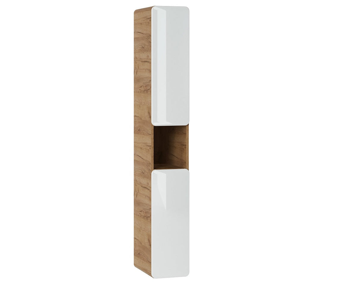 Aruba White 805 FSC – Hochschrank 2 Türen mit offenem Fach, Weiß Hochglanz / Craft Oak, 25x170x39 cm
