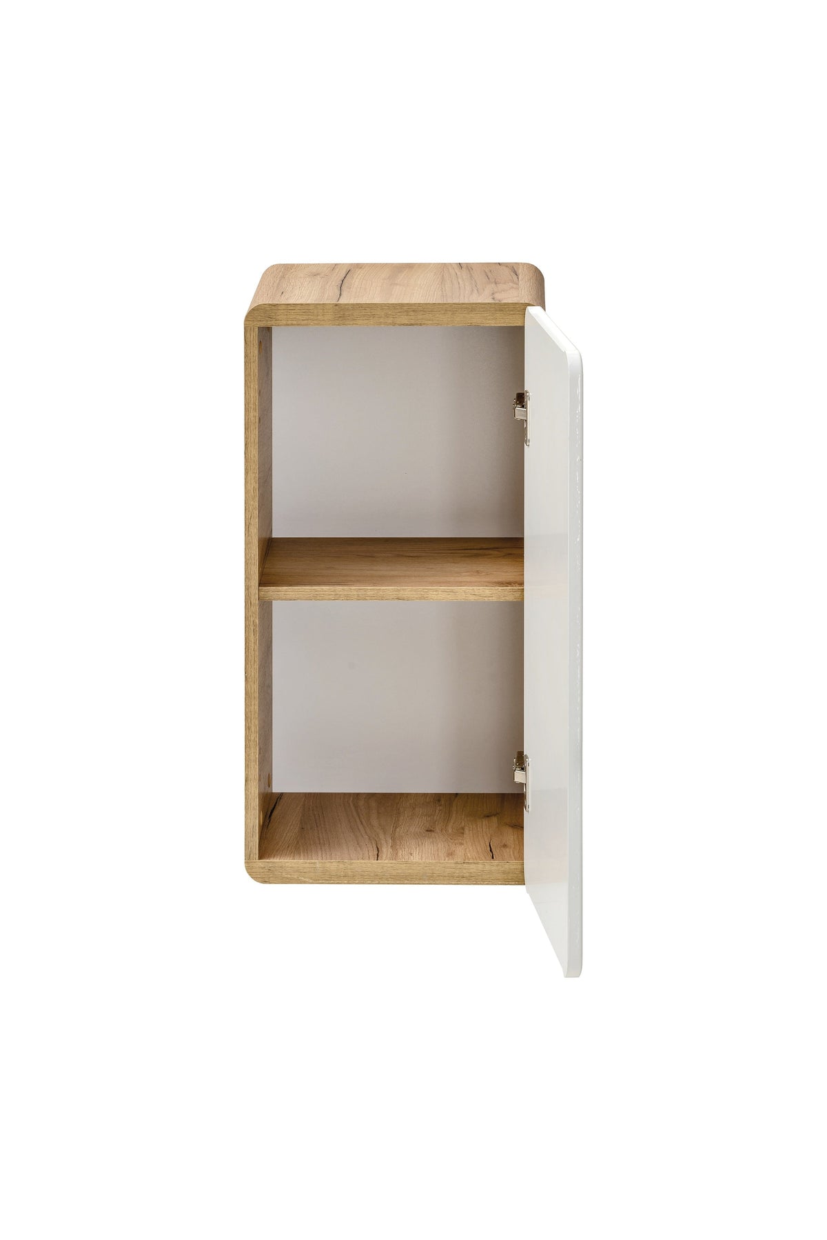 Aruba Weiß 810 FSC – Beistellschrank 1 Tür, Hochglanz Weiß / Craft Eiche, 35x68x32 cm