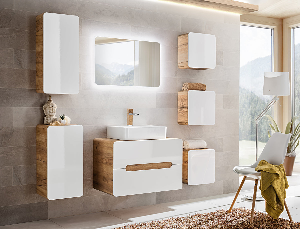 Aruba White 830 FSC Beistellschrank – Craft Eiche / Hochglanz Weiß, 35cm x 75 cm