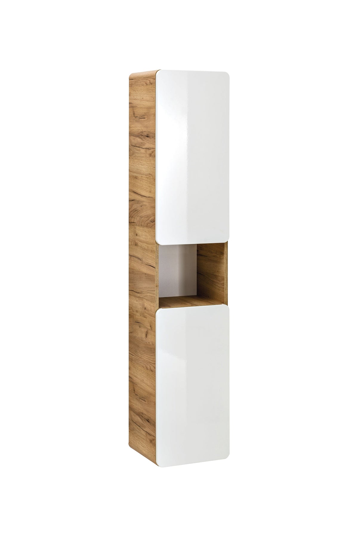 Aruba White 800 FSC – Hochschrank 2 Türen, Weiß Hochglanz / Craft Oak, 35x170x32 cm