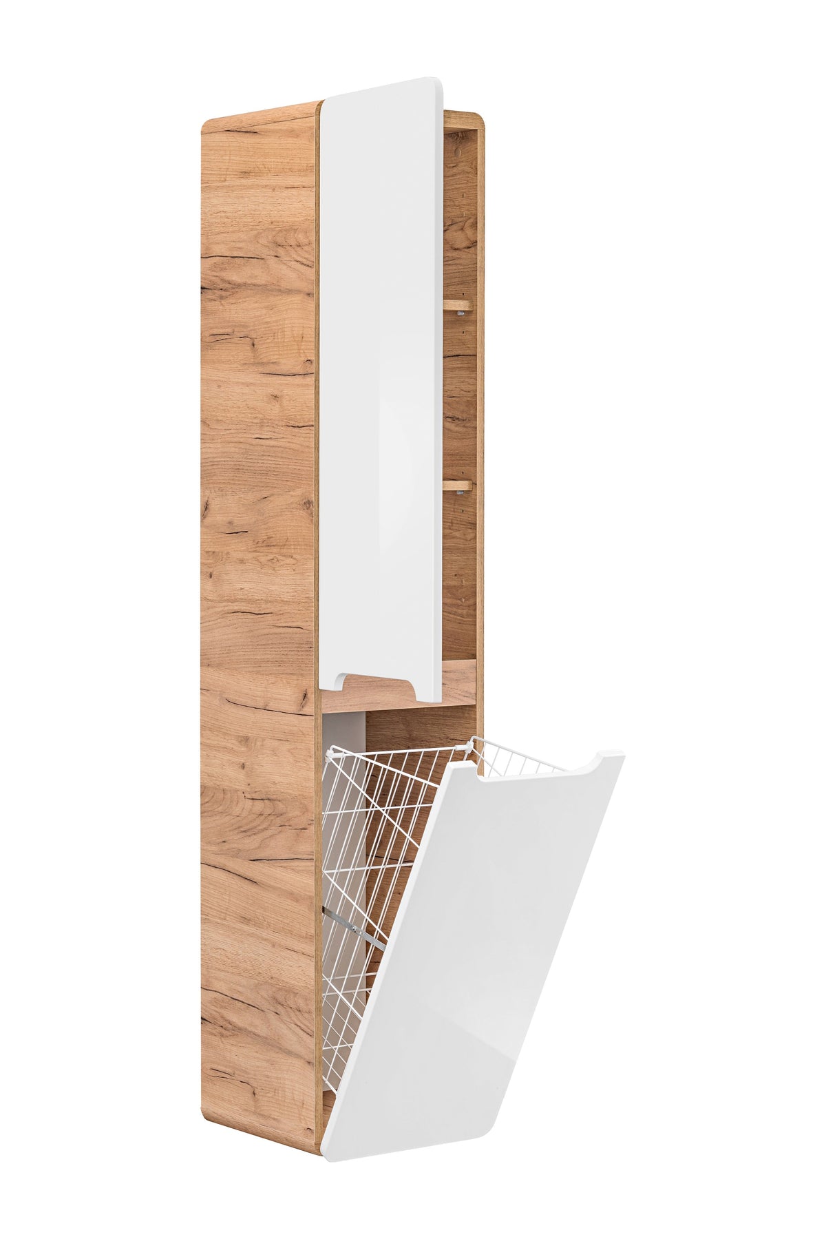Aruba Weiß 804 FSC – Hochschrank 2 Türen, Weiß Hochglanz / Wildeiche, 35x170x35 cm